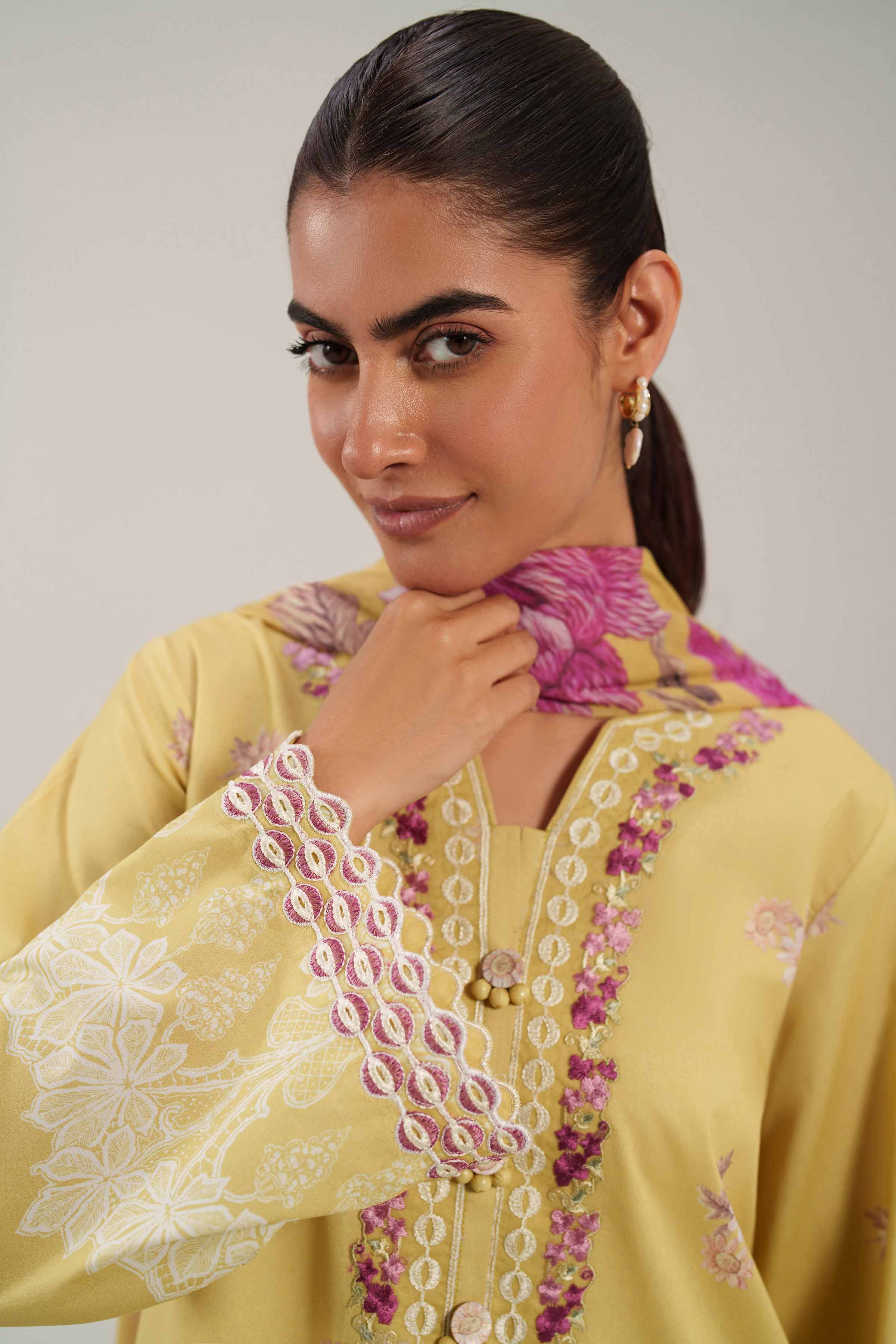 3 Piece - Embroidered Suit - 42601109 NishatUAE Yellow Lawn 3PC Embroidered Unstitched