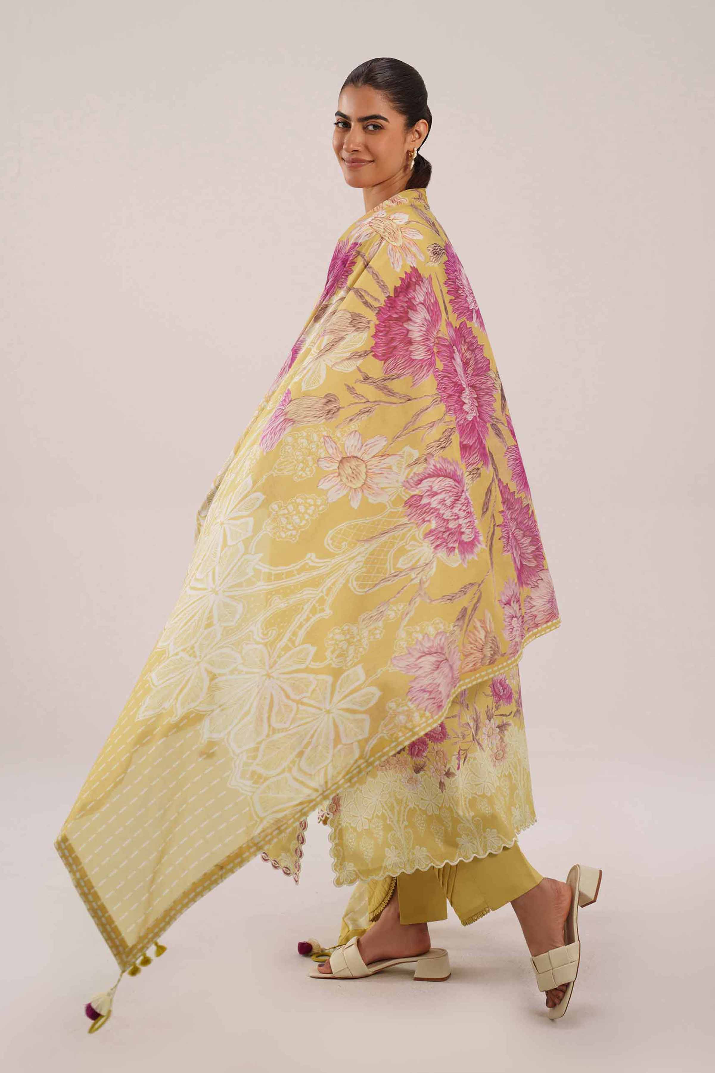 3 Piece - Embroidered Suit - 42601109 NishatUAE Yellow Lawn 3PC Embroidered Unstitched