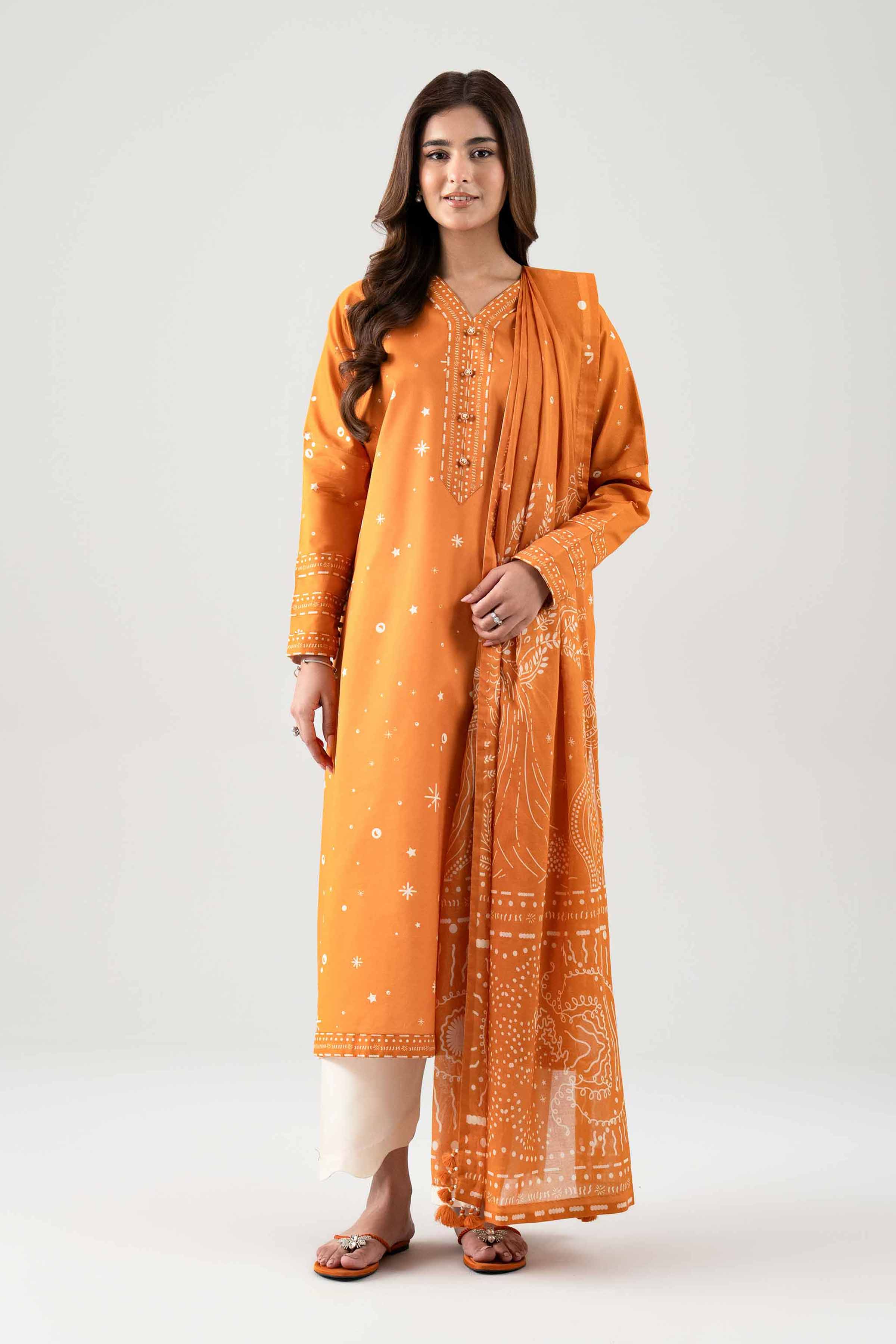 3 Piece - Printed Suit - 42601111 NishatUAE Orange Lawn 3PC Printed Unstitched