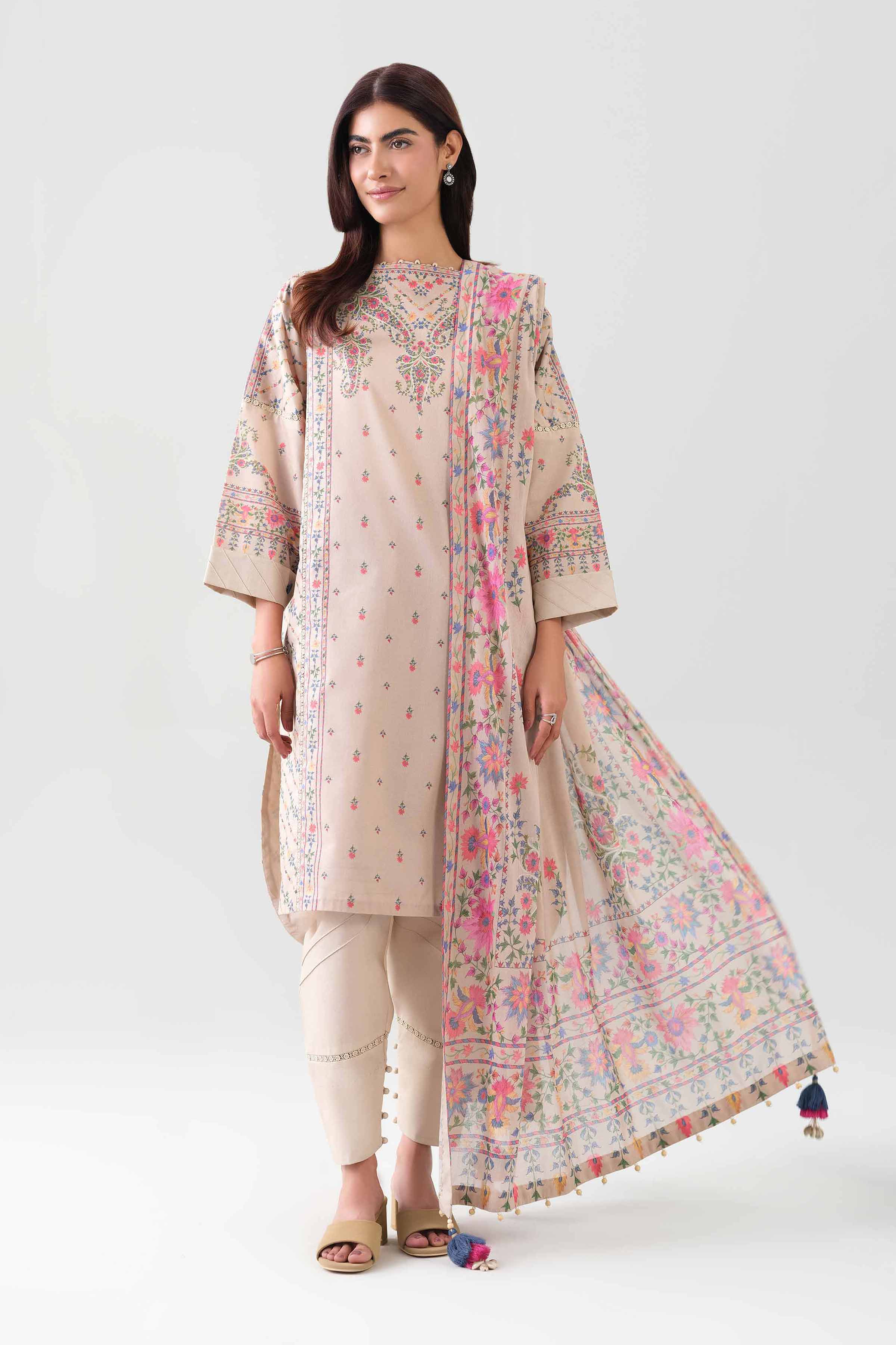 3 Piece - Digital Printed Suit - 42601112 NishatUAE Beige Lawn 3PC Printed Unstitched