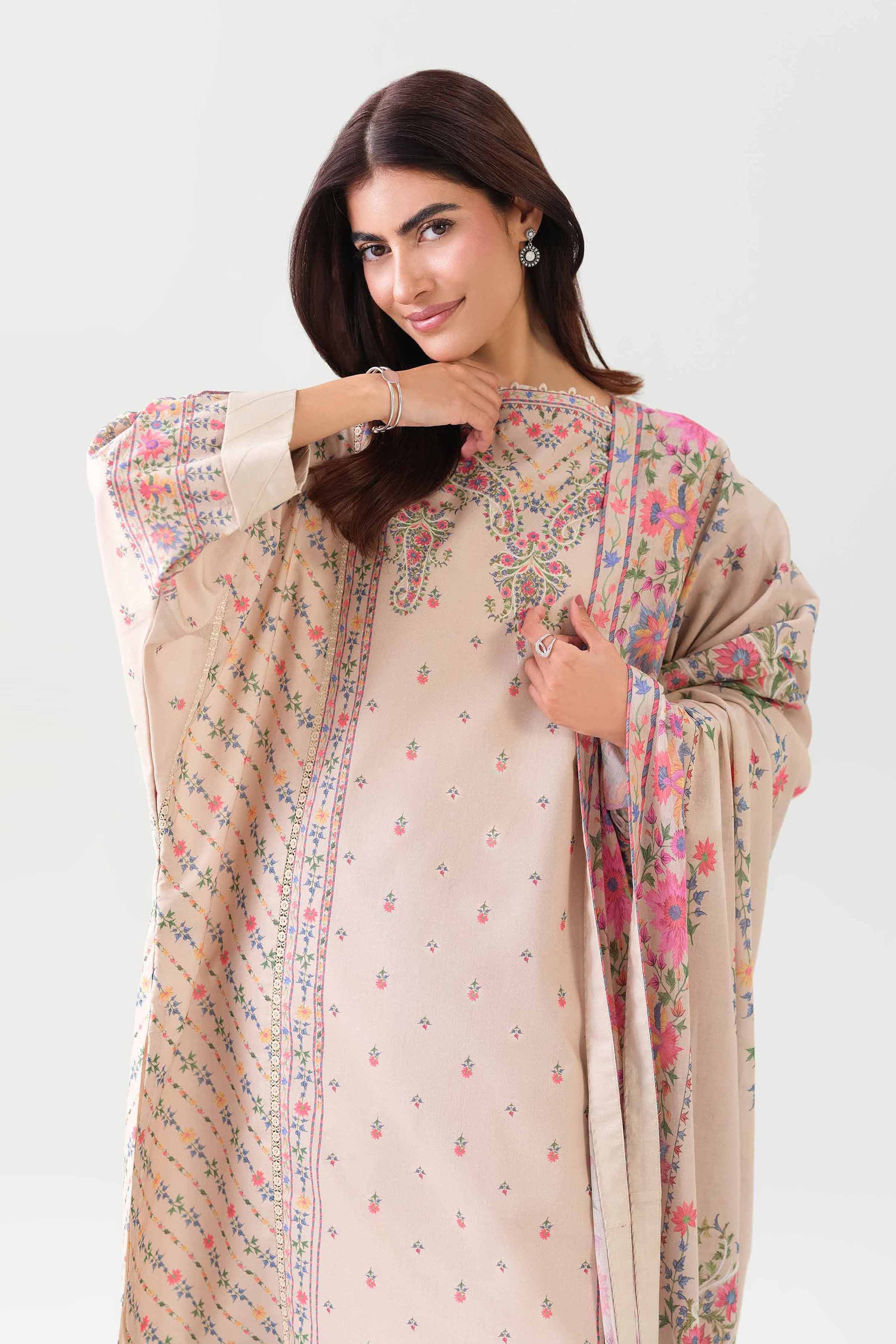 3 Piece - Digital Printed Suit - 42601112 NishatUAE Beige Lawn 3PC Printed Unstitched