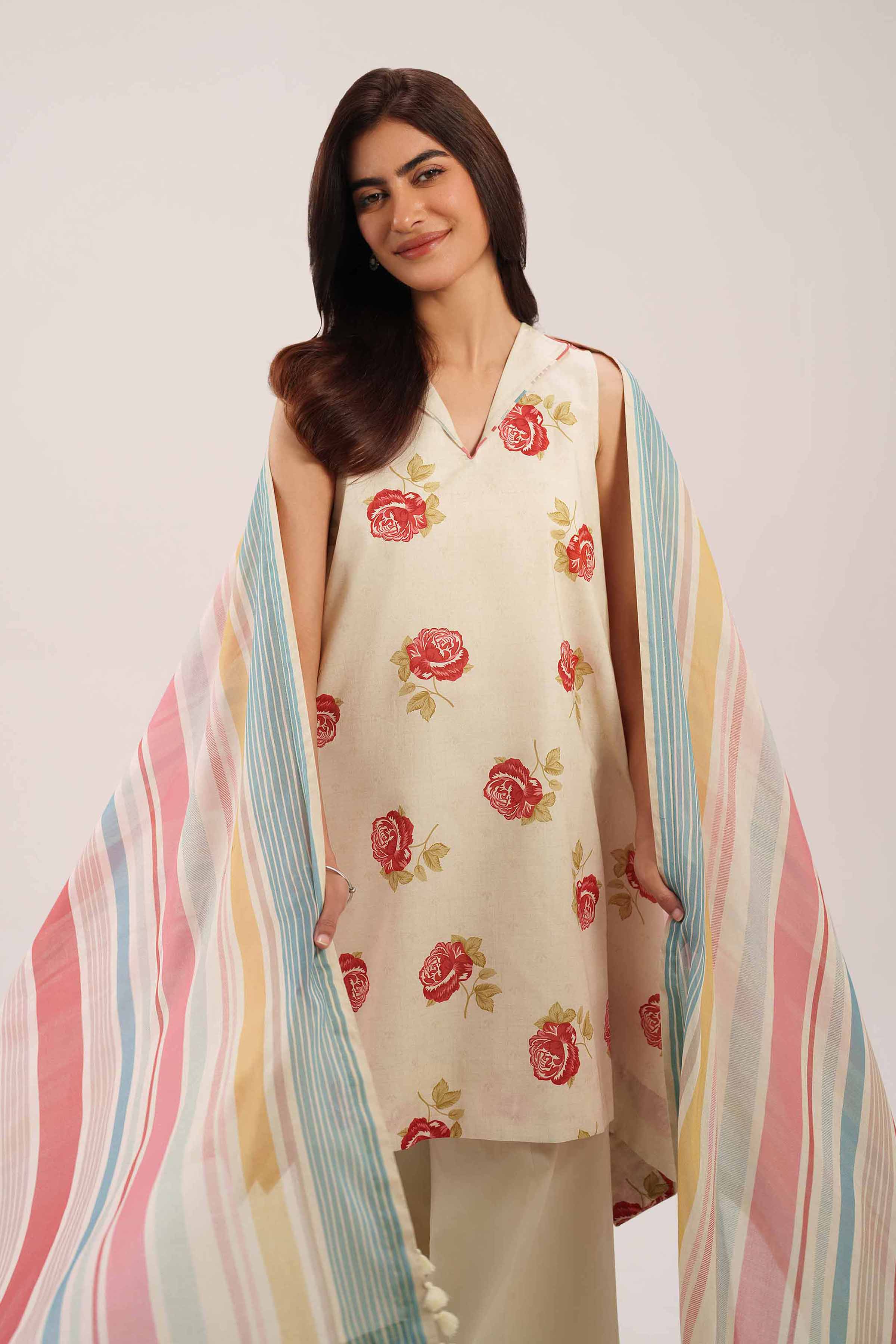 3 Piece - Printed Suit - 42601122 Beige Lawn 3PC Printed