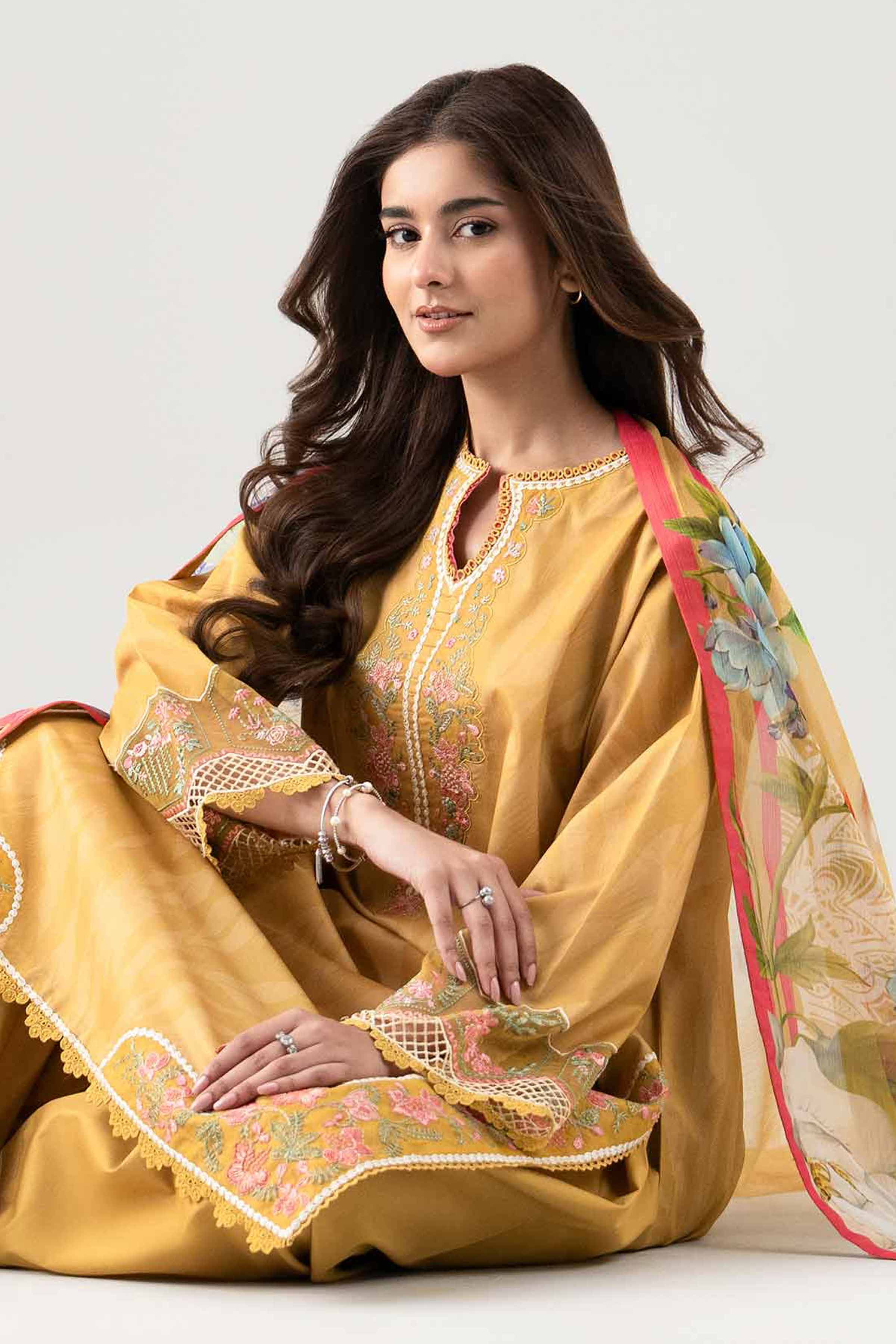 3 Piece - Embroidered Suit - 42601145 NishatUAE Yellow Lawn 3PC Embroidered Unstitched