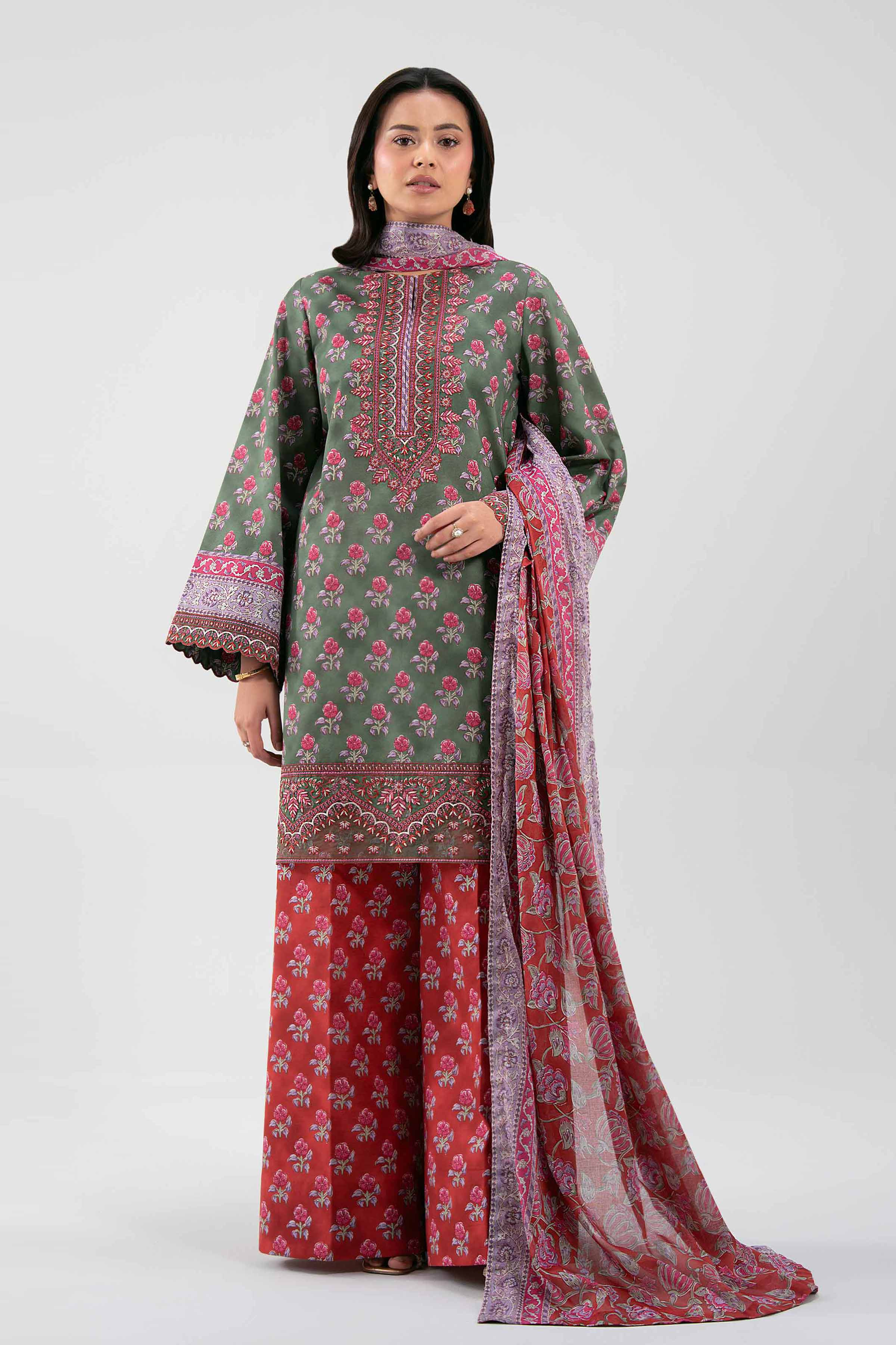 3 Piece - Printed Embroidered Suit - 42601167 Green Lawn 3PC Embroidered