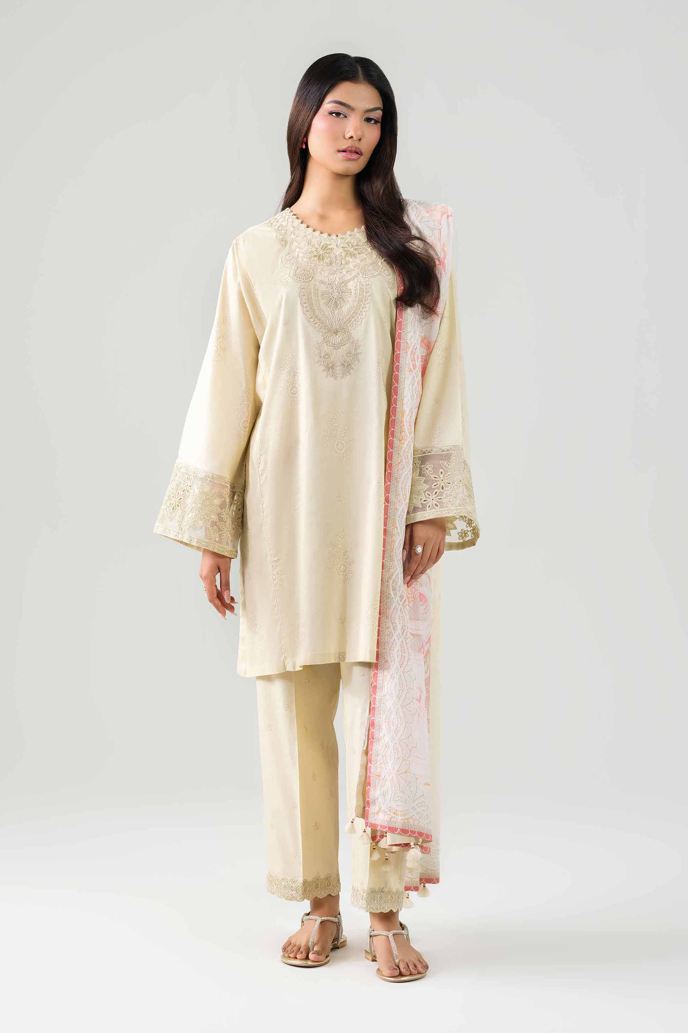 3 Piece - Embroidered Suit - 42601205 NishatUAE Yellow Lawn 3PC Embroidered Unstitched