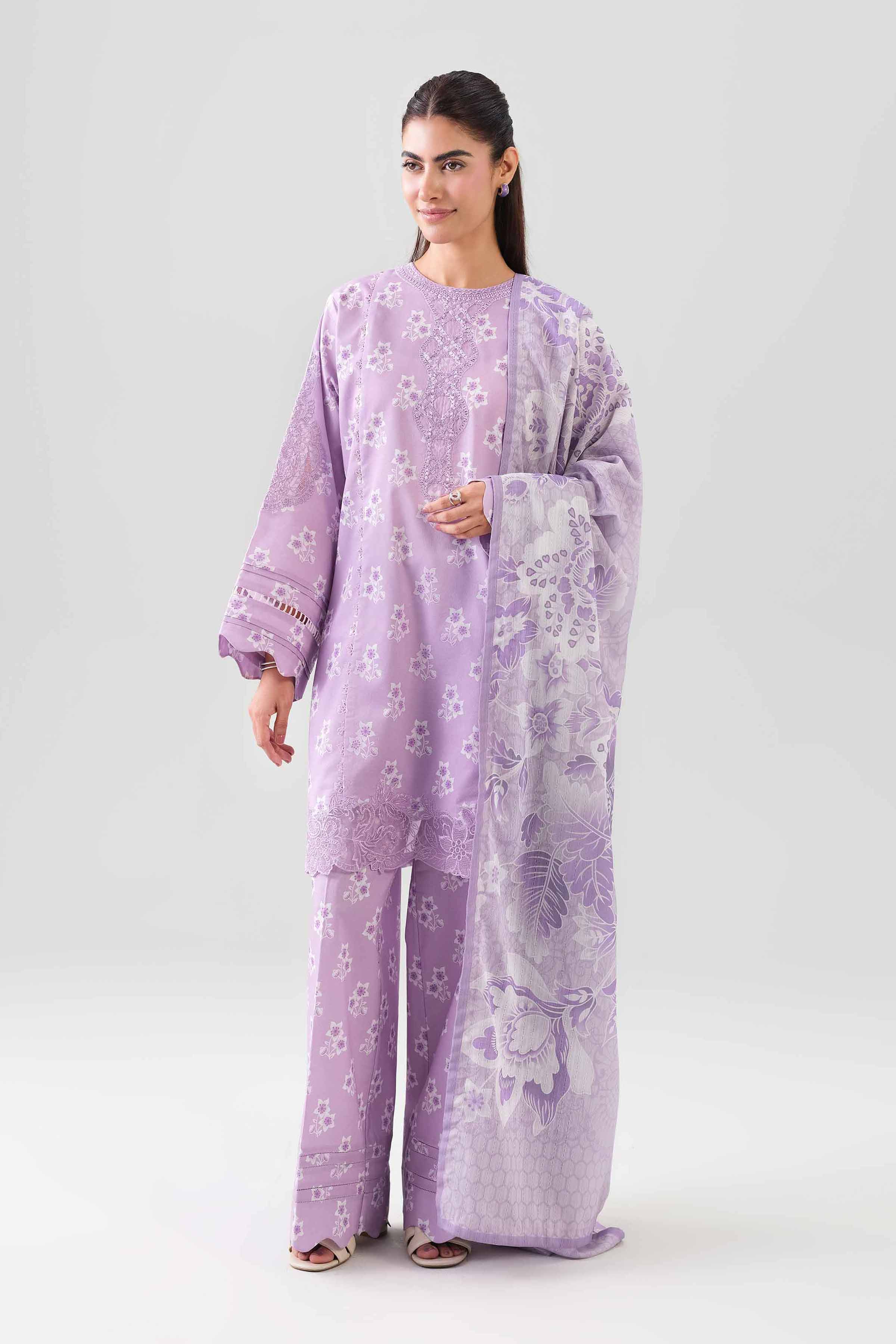 3 Piece - Embroidered Suit - 42601207 NishatUAE Purple Lawn 3PC Embroidered Unstitched