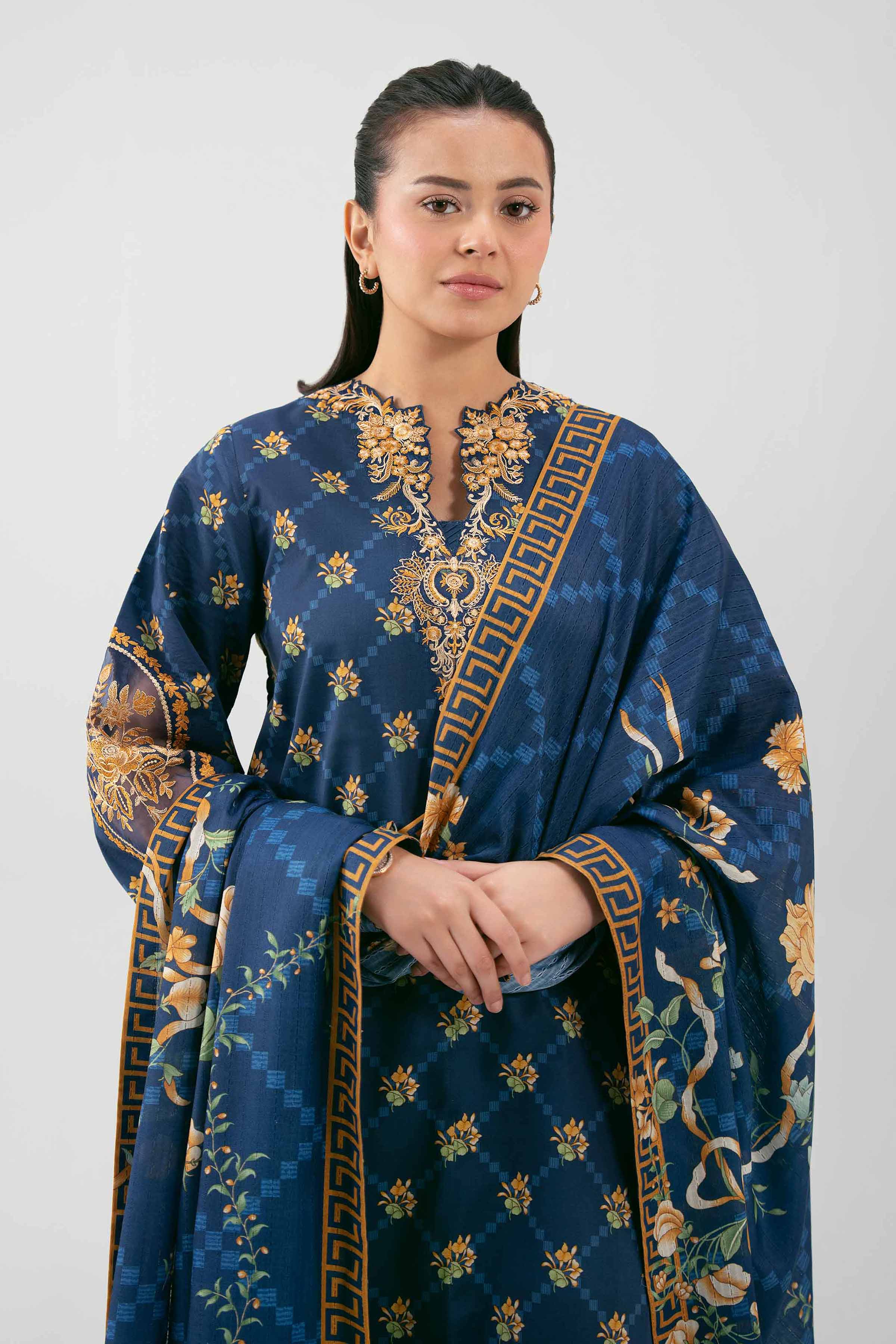 3 Piece - Embroidered Suit - 42601209 NishatUAE Blue Lawn 3PC Embroidered Unstitched