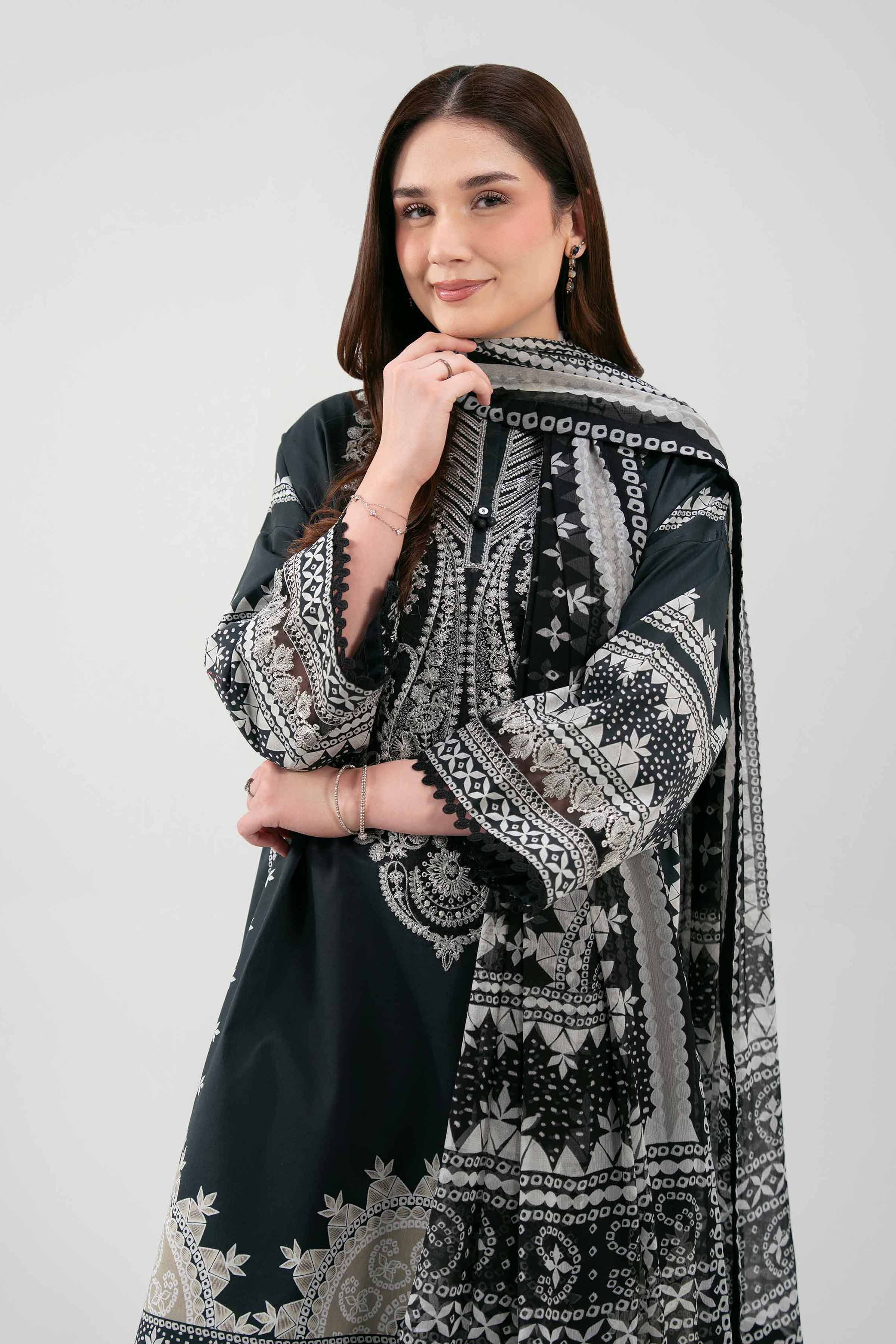 3 Piece - Embroidered Suit - 42601212 NishatUAE Black Cambric 3PC Embroidered Unstitched