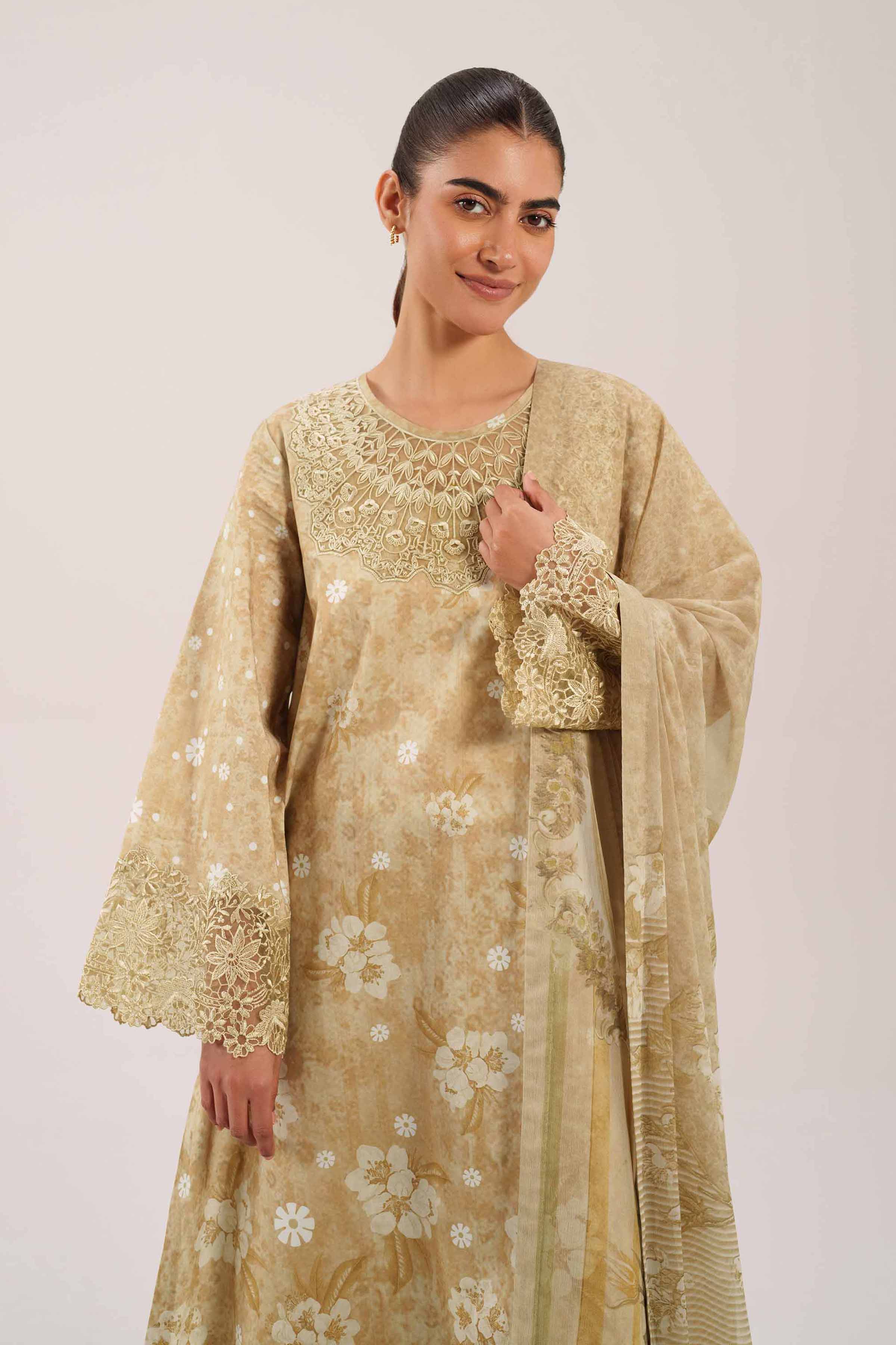 3 Piece - Embroidered Suit - 42601215 NishatUAE Yellow Cambric 3PC Embroidered Unstitched