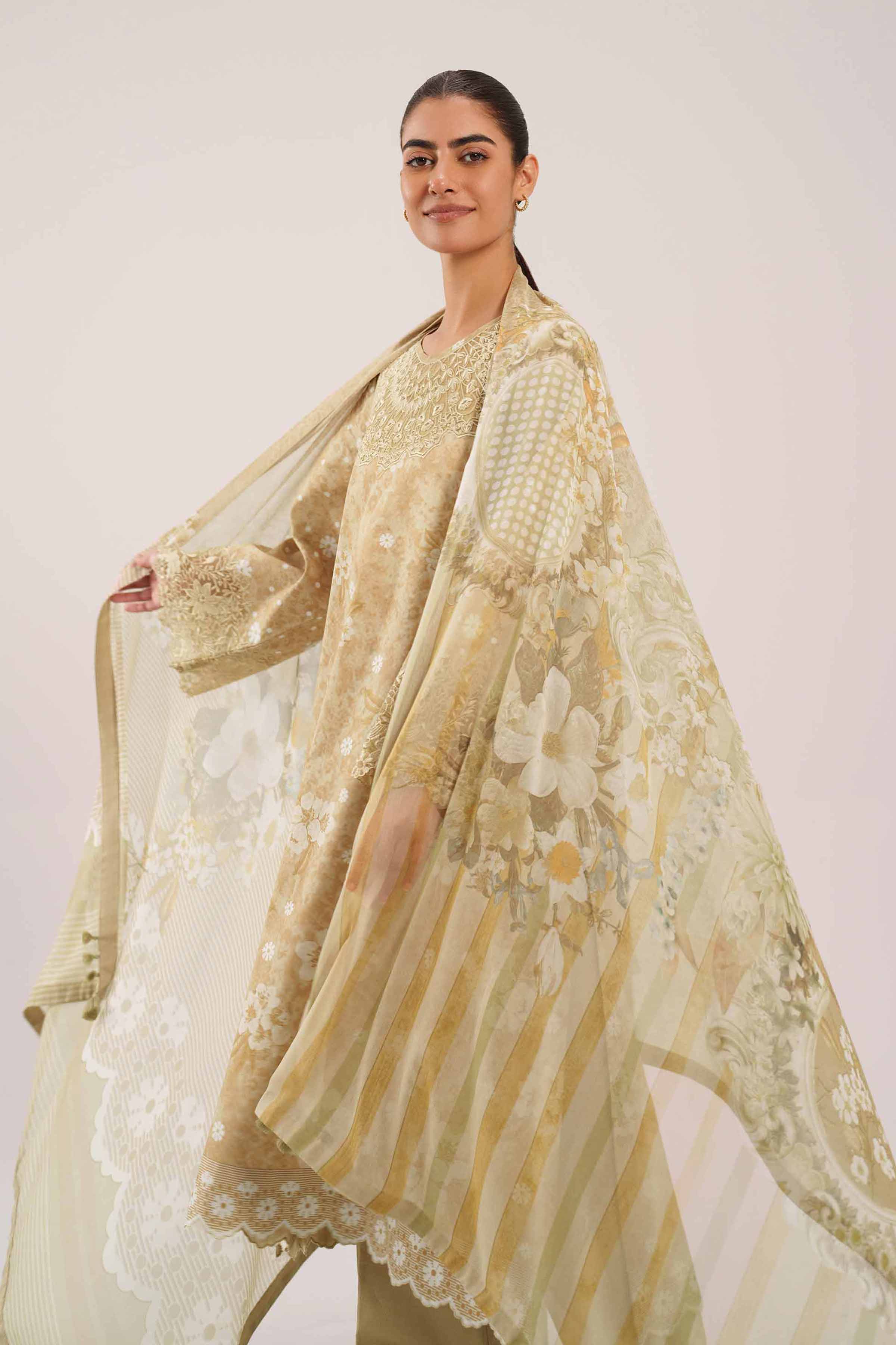 3 Piece - Embroidered Suit - 42601215 NishatUAE Yellow Cambric 3PC Embroidered Unstitched