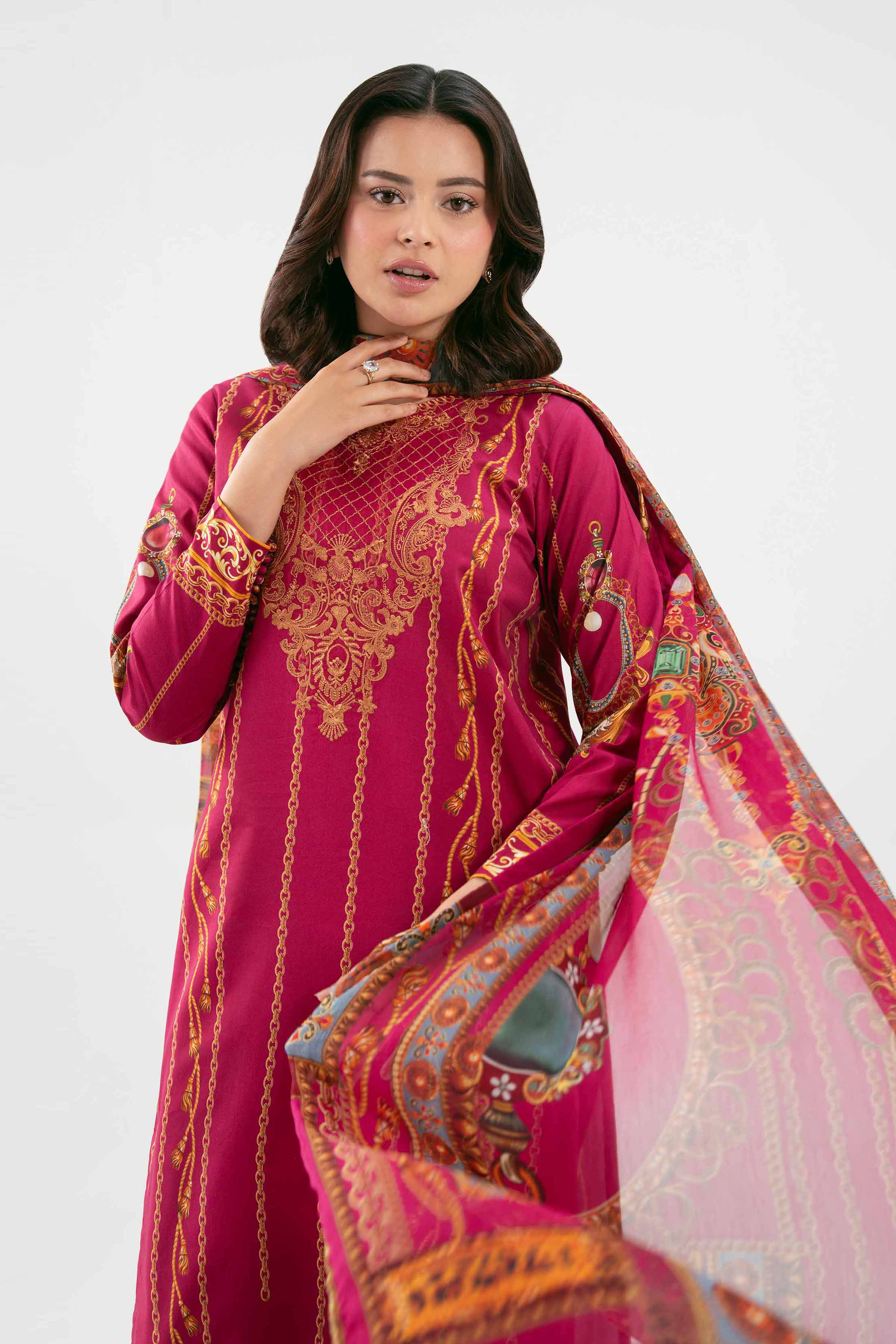 3 Piece - Embroidered Suit - 42601217 NishatUAE Maroon Cambric 3PC Embroidered Unstitched