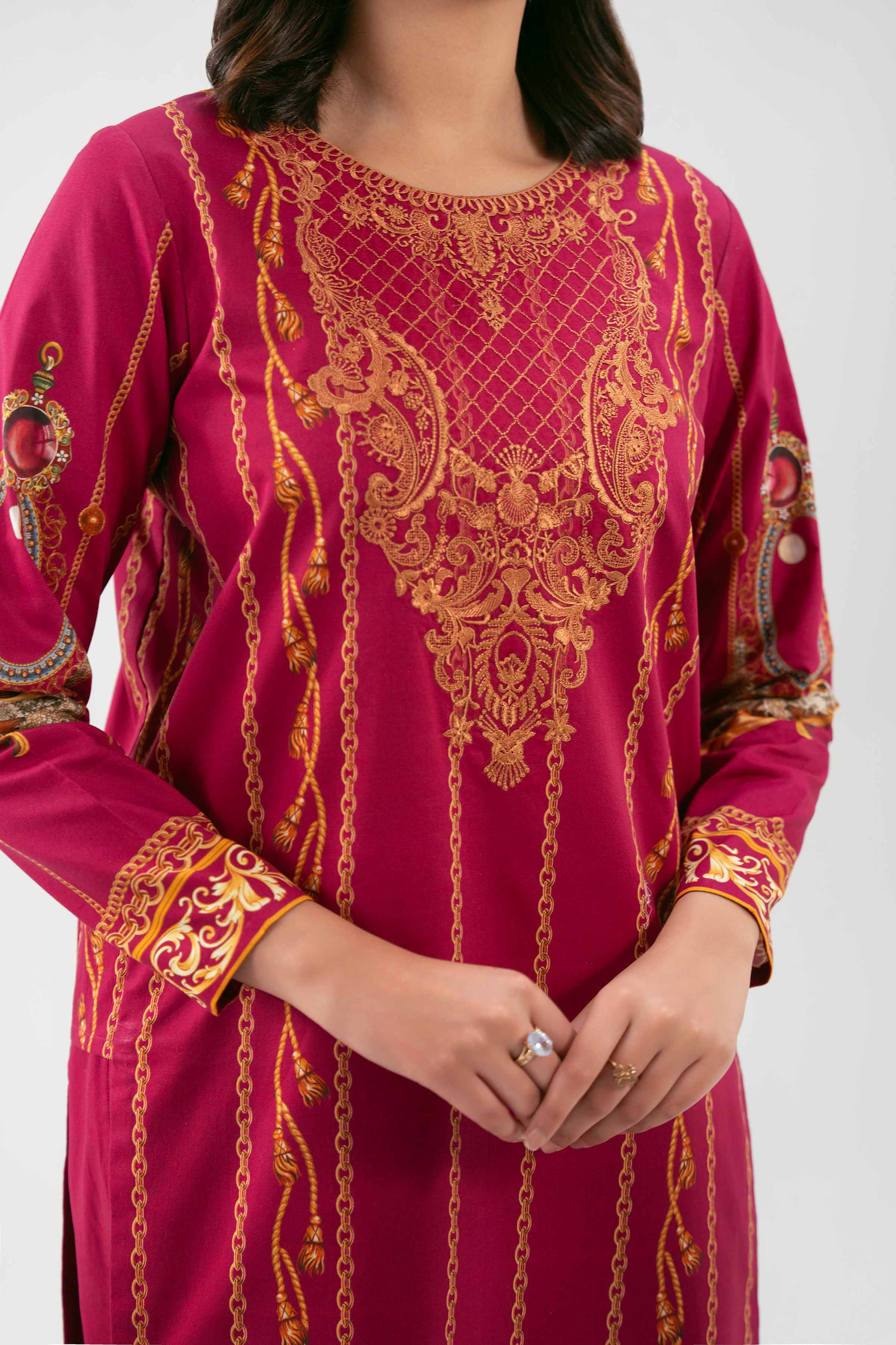 3 Piece - Embroidered Suit - 42601217 NishatUAE Maroon Cambric 3PC Embroidered Unstitched