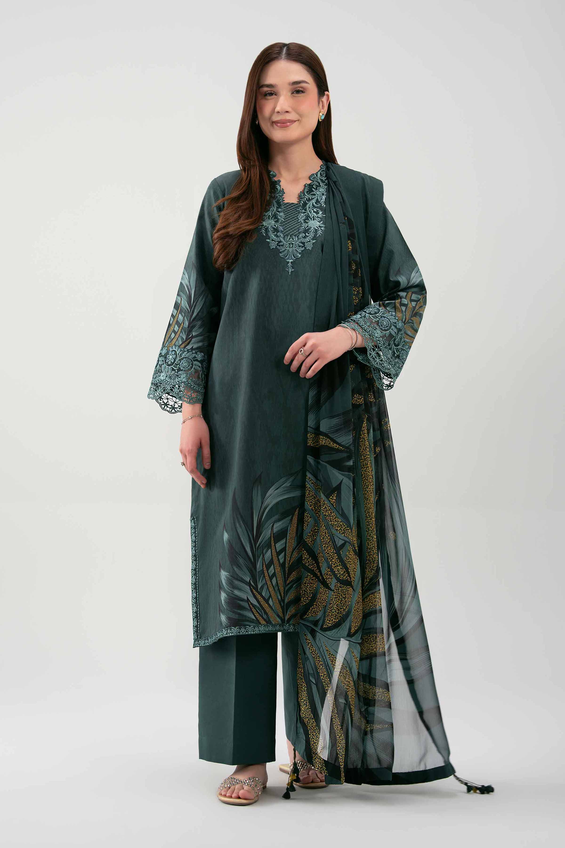 3 Piece - Embroidered Suit - 42601218 NishatUAE Green Cambric 3PC Embroidered Unstitched