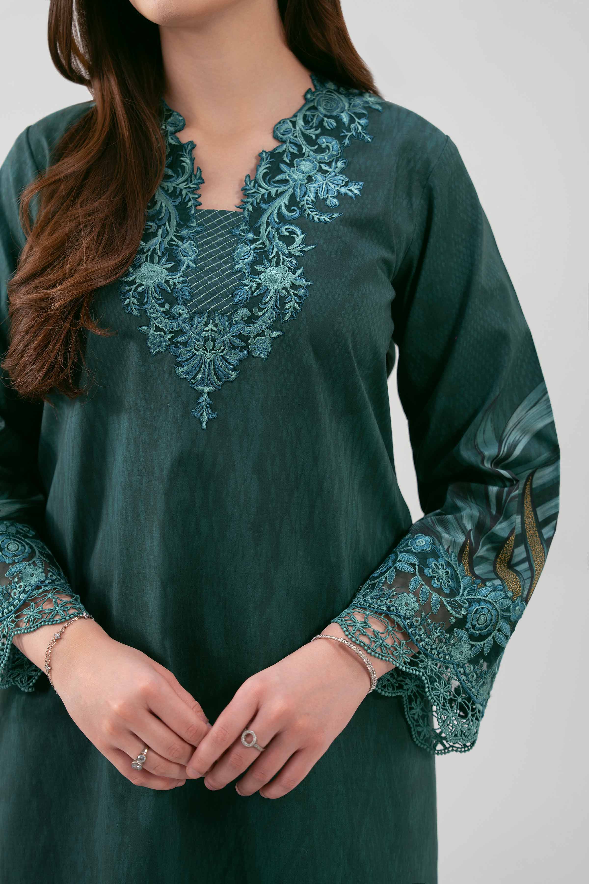 3 Piece - Embroidered Suit - 42601218 NishatUAE Green Cambric 3PC Embroidered Unstitched