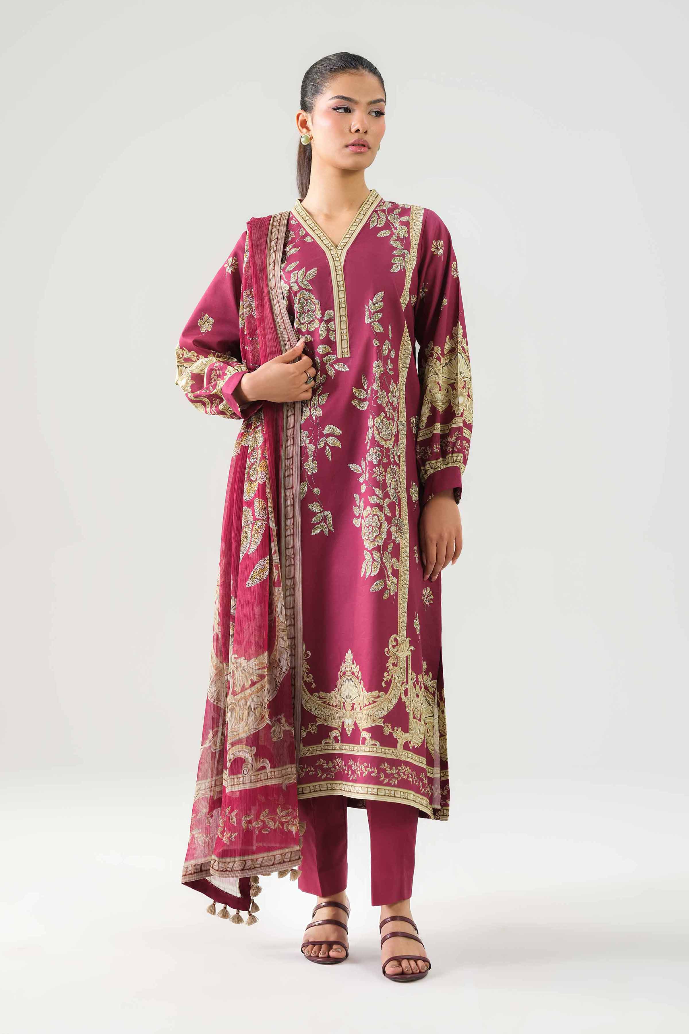 3 Piece - Printed Suit - 42601242 NishatUAE Maroon Lawn 3PC Printed Unstitched