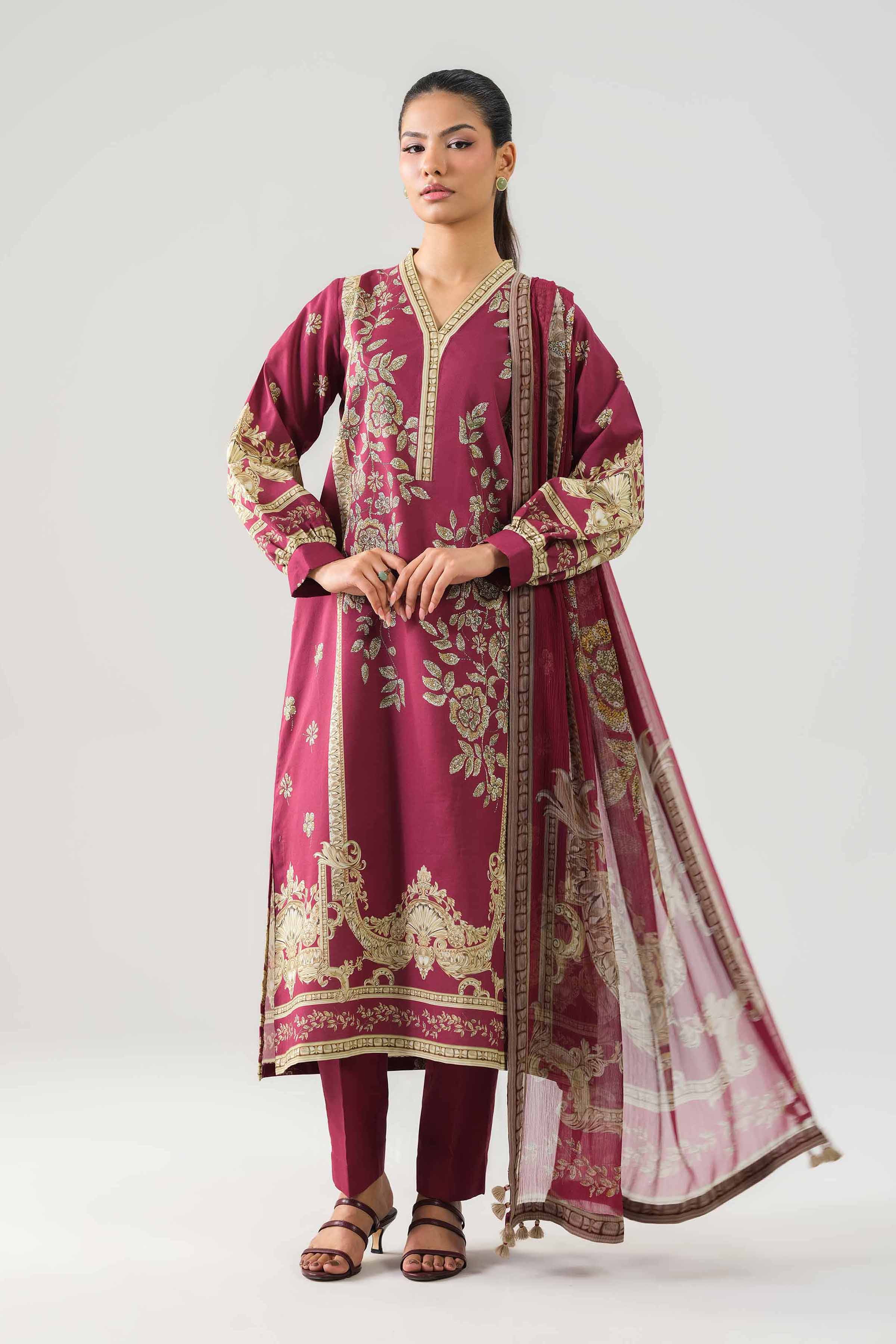 3 Piece - Printed Suit - 42601242 NishatUAE Maroon Lawn 3PC Printed Unstitched