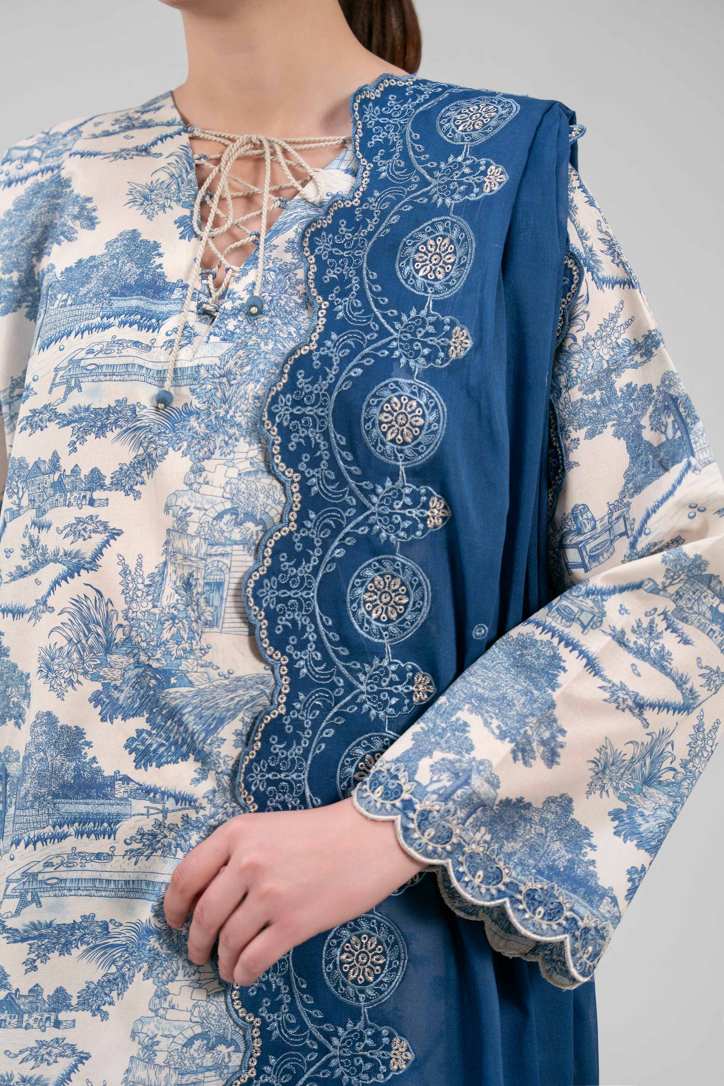 3 Piece - Embroidered Suit - 42601268 NishatUAE Blue Lawn 3PC Embroidered Unstitched