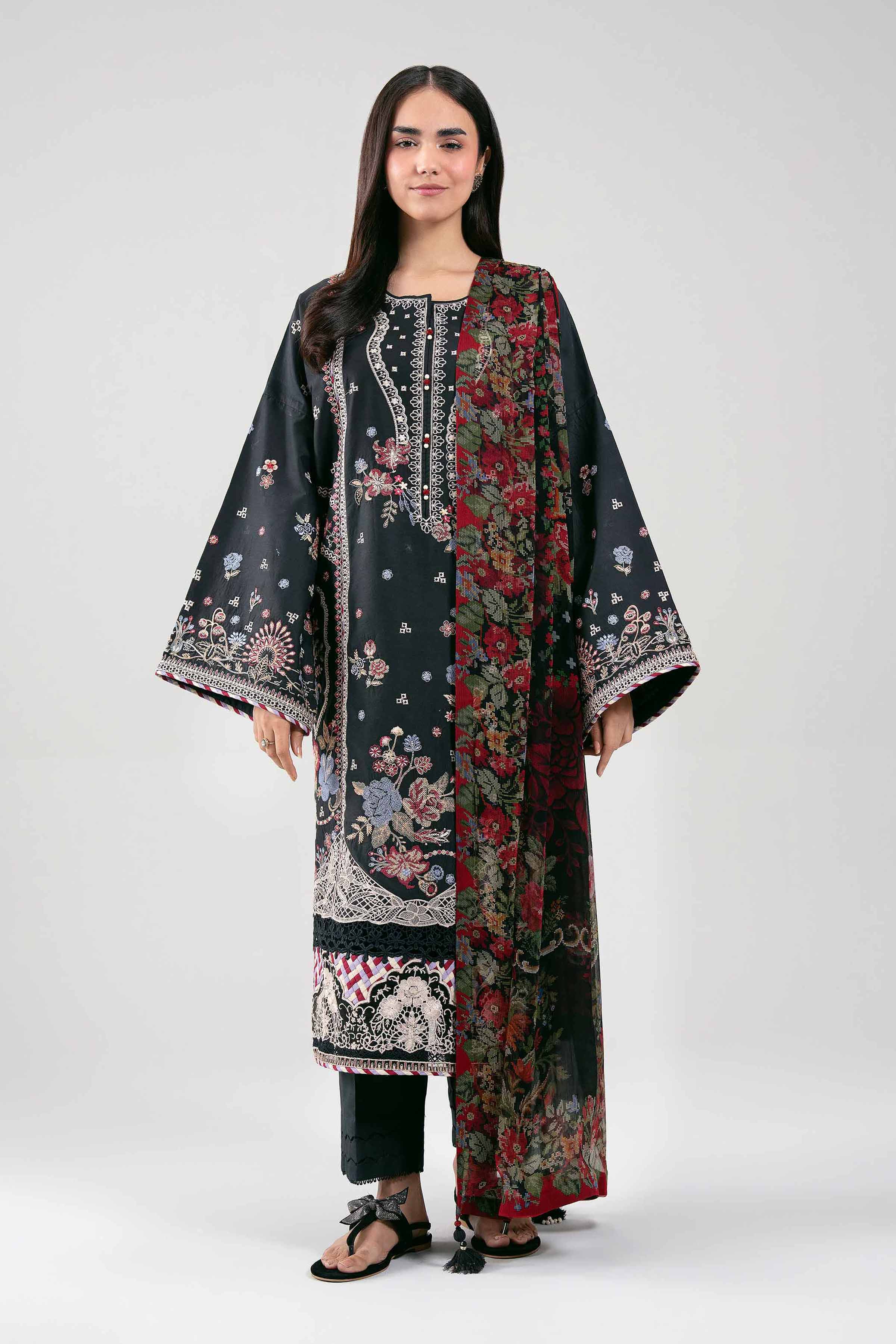 3 Piece - Digital Printed Embroidered Suit - 42601289 Black & Red Lawn 3PC Embroidered