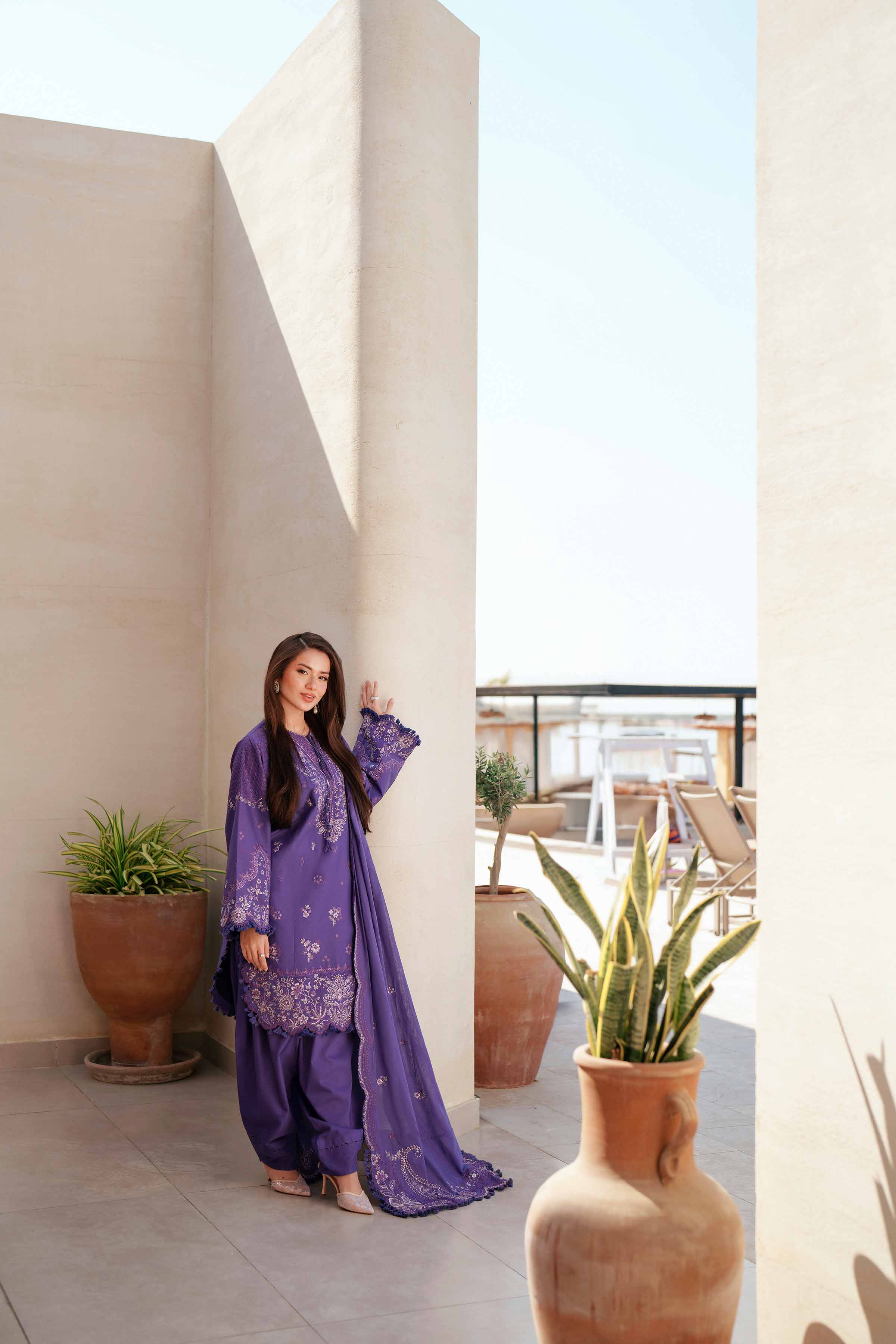 3 Piece - Embroidered Suit - 42601296 Purple Cambric 3PC Embroidered