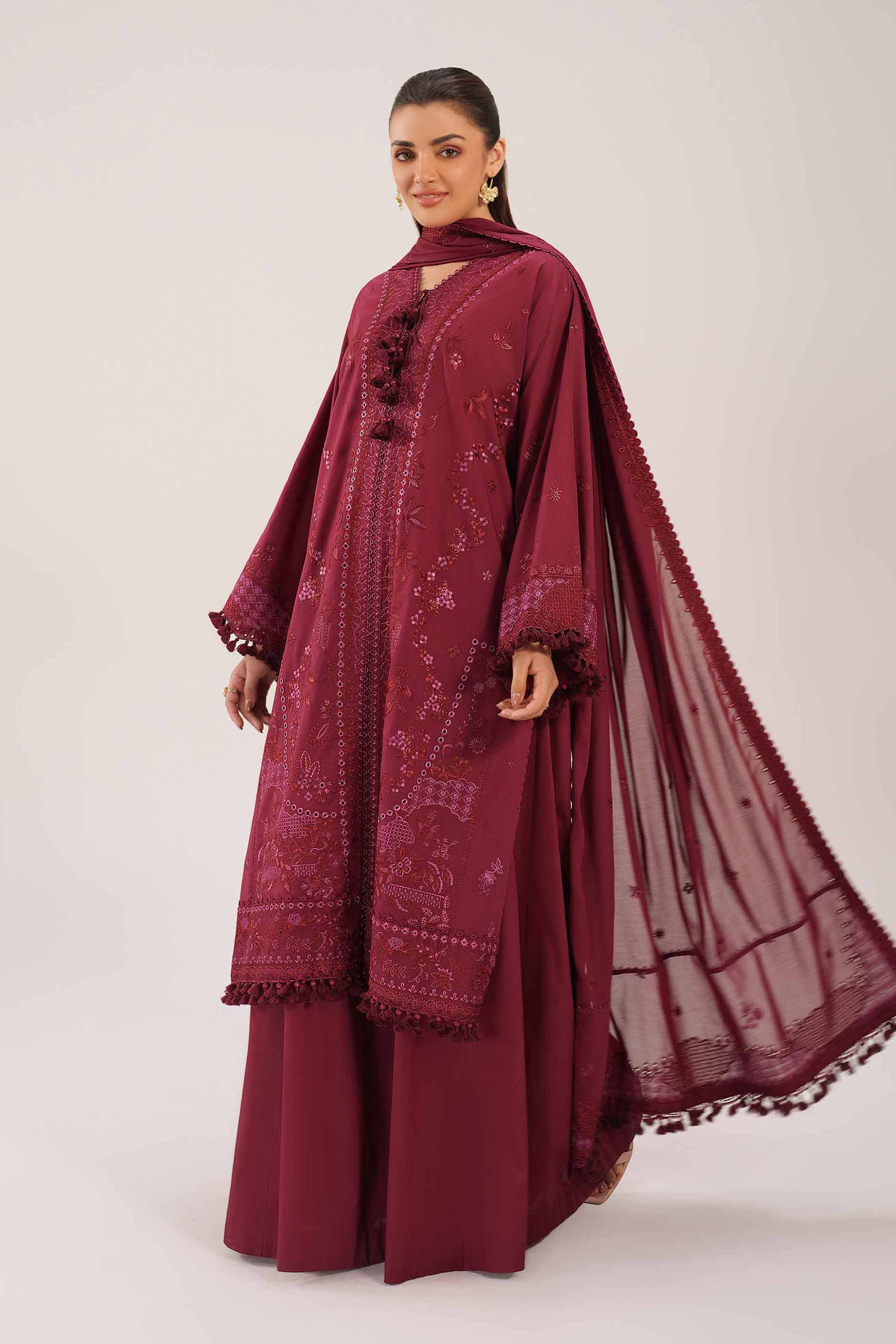 3 Piece - Embroidered Suit - 42601298 Maroon Cambric 3PC Embroidered