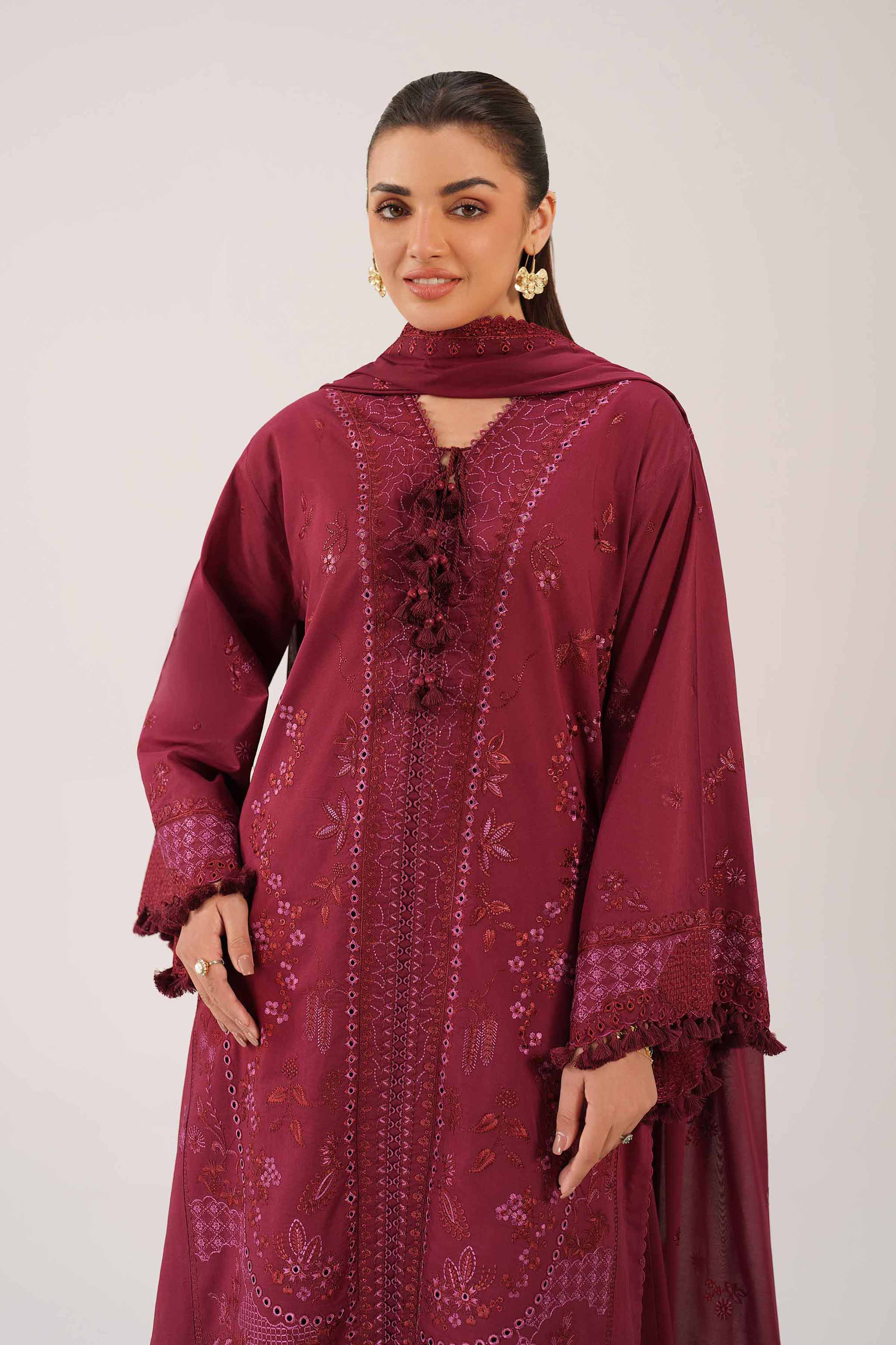 3 Piece - Embroidered Suit - 42601298 Maroon Cambric 3PC Embroidered
