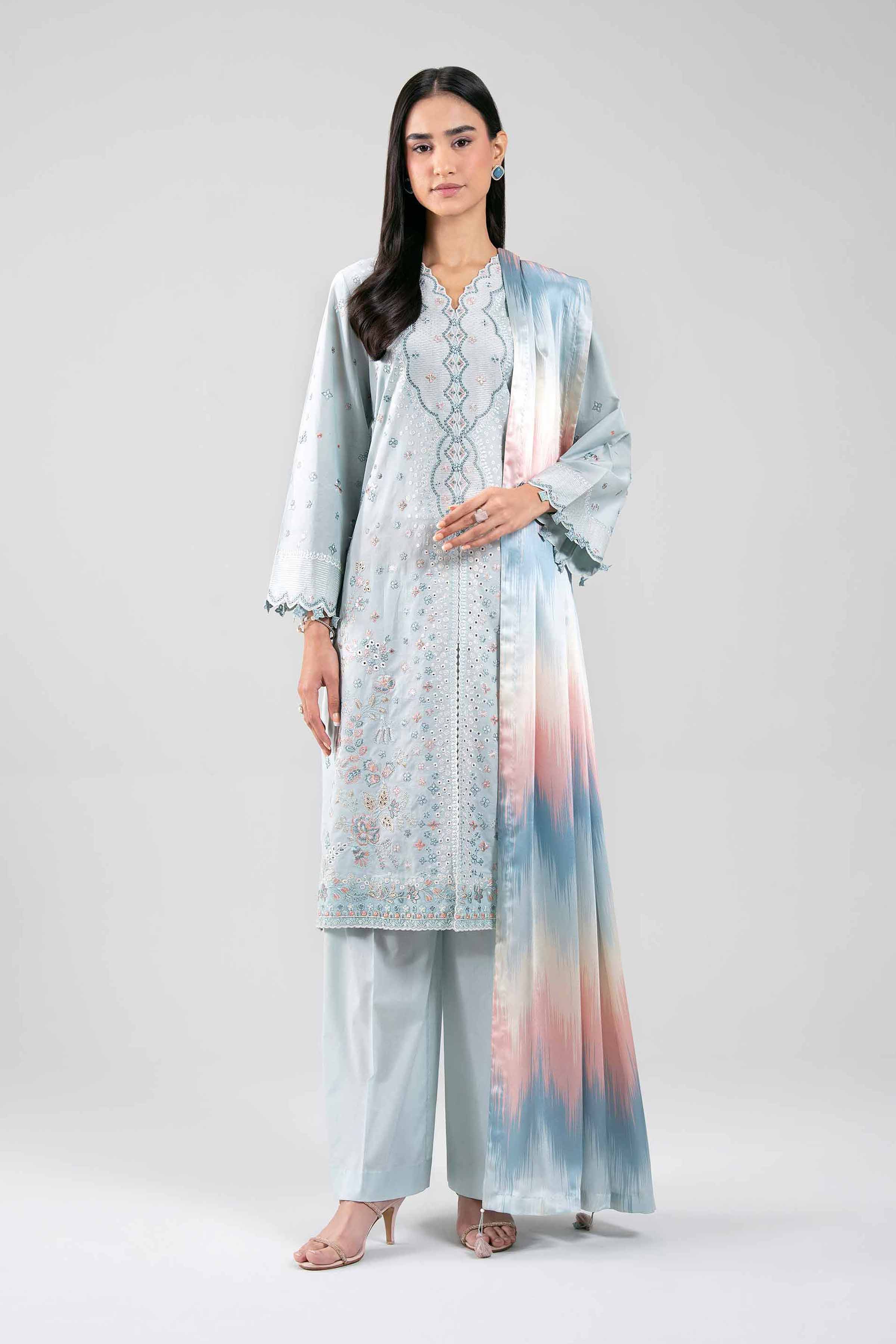 NISHAT UAE 3Pc Embroidered Unstitched Women Blue Cambric Suit