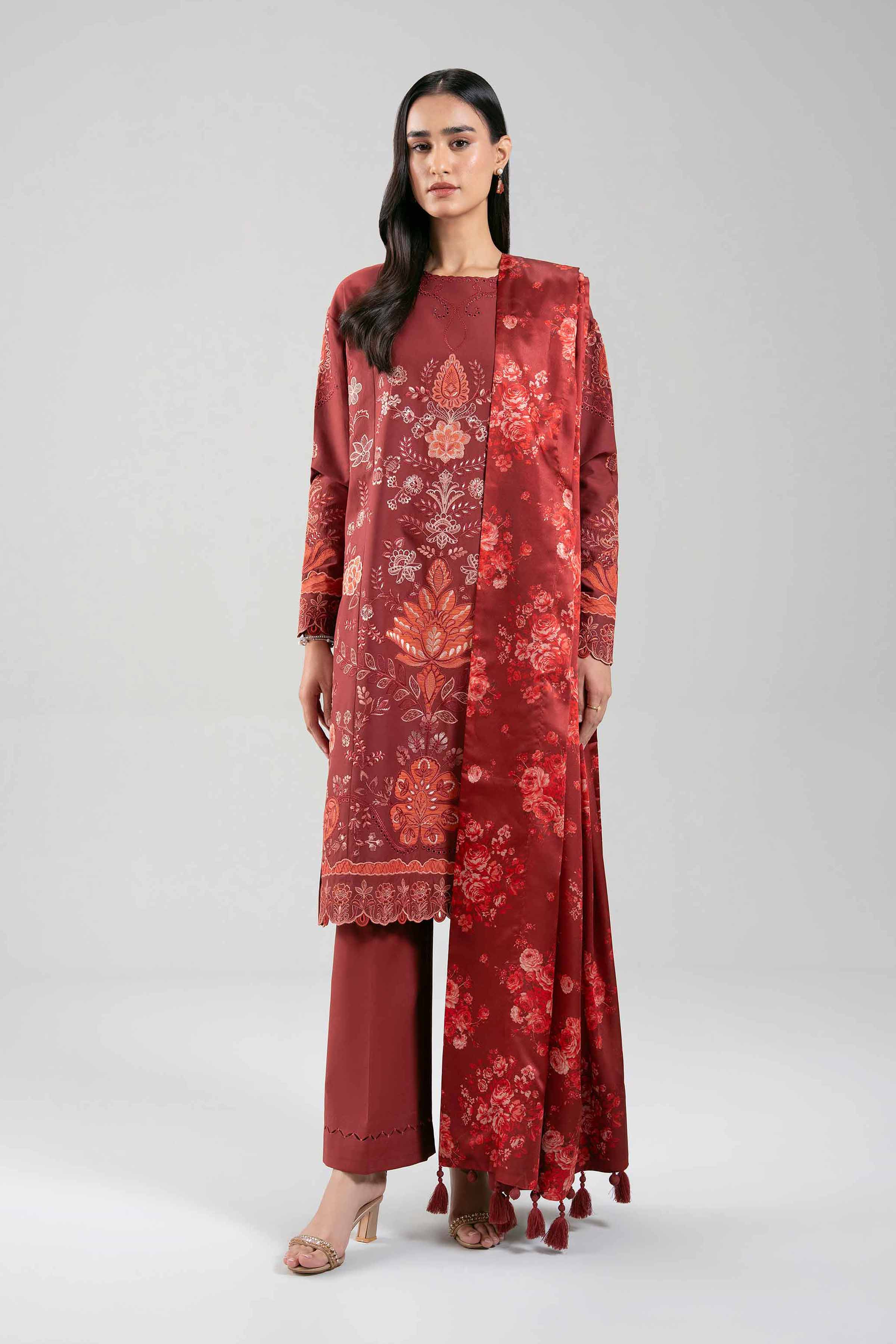 NISHAT UAE 3Pc Embroidered Unstitched Women Red Cambric Suit