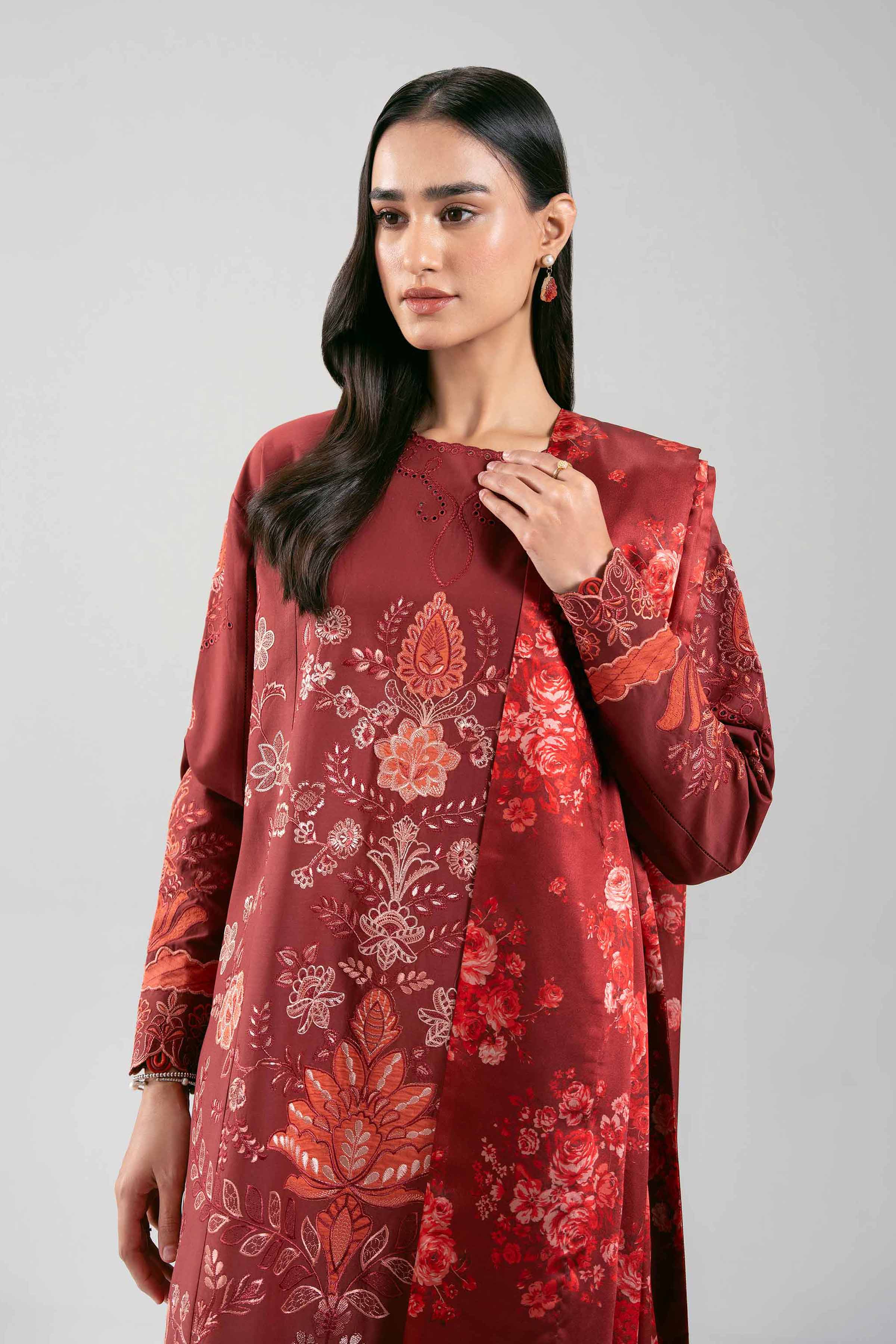 NISHAT UAE 3Pc Embroidered Unstitched Women Red Cambric Suit
