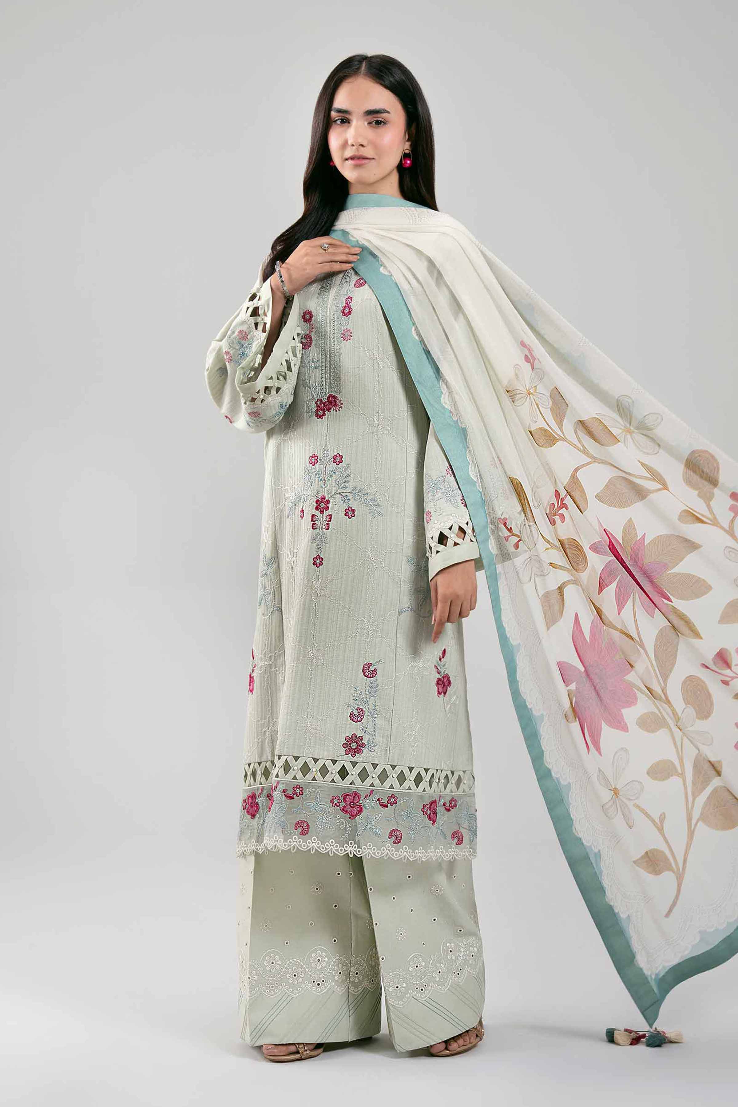 3 Piece - Digital Printed Embroidered Suit - 42601315 Beige & Dull Teal Lawn 3PC Embroidered
