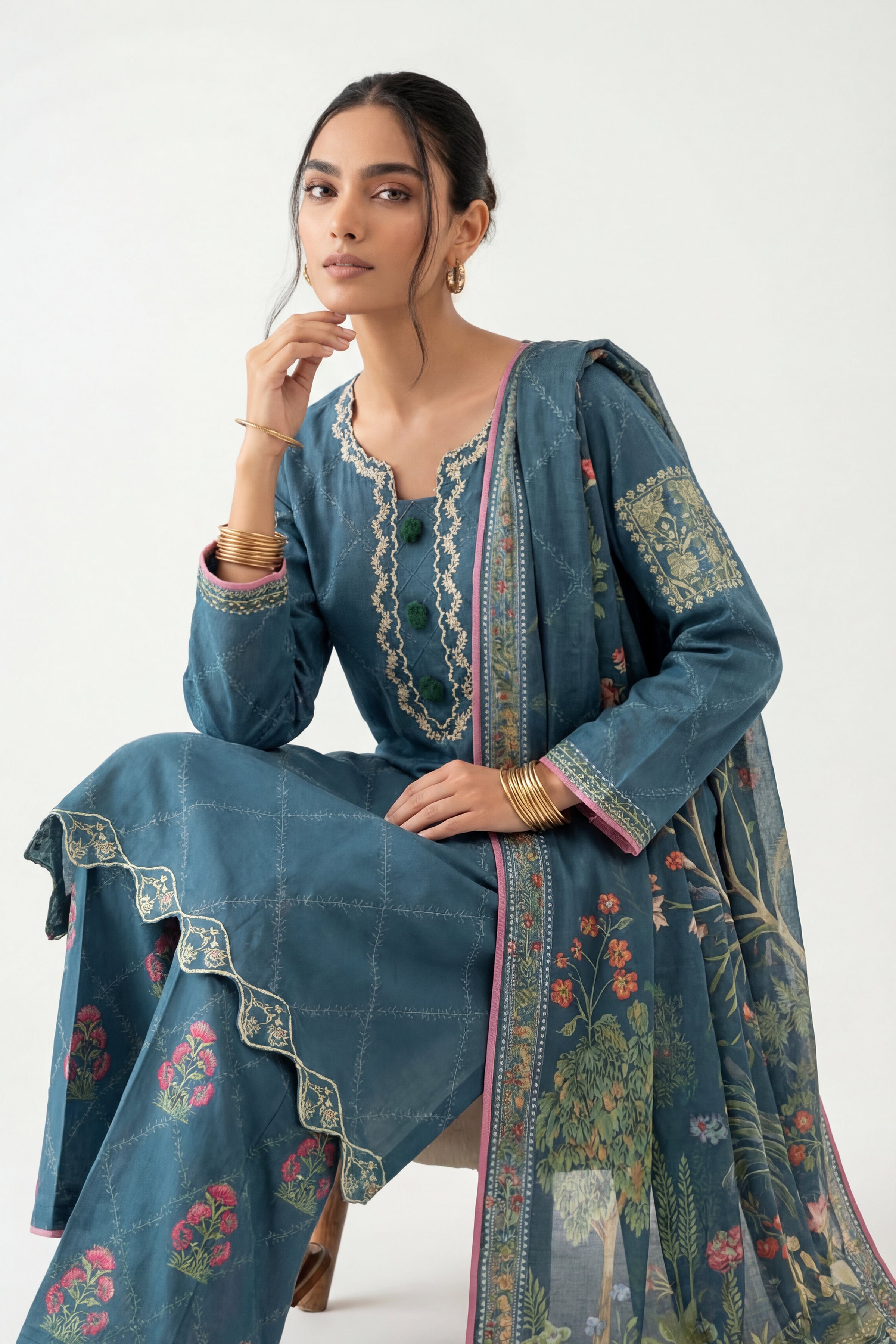 3 Piece - Digital Printed Embroidered Suit - 42601358