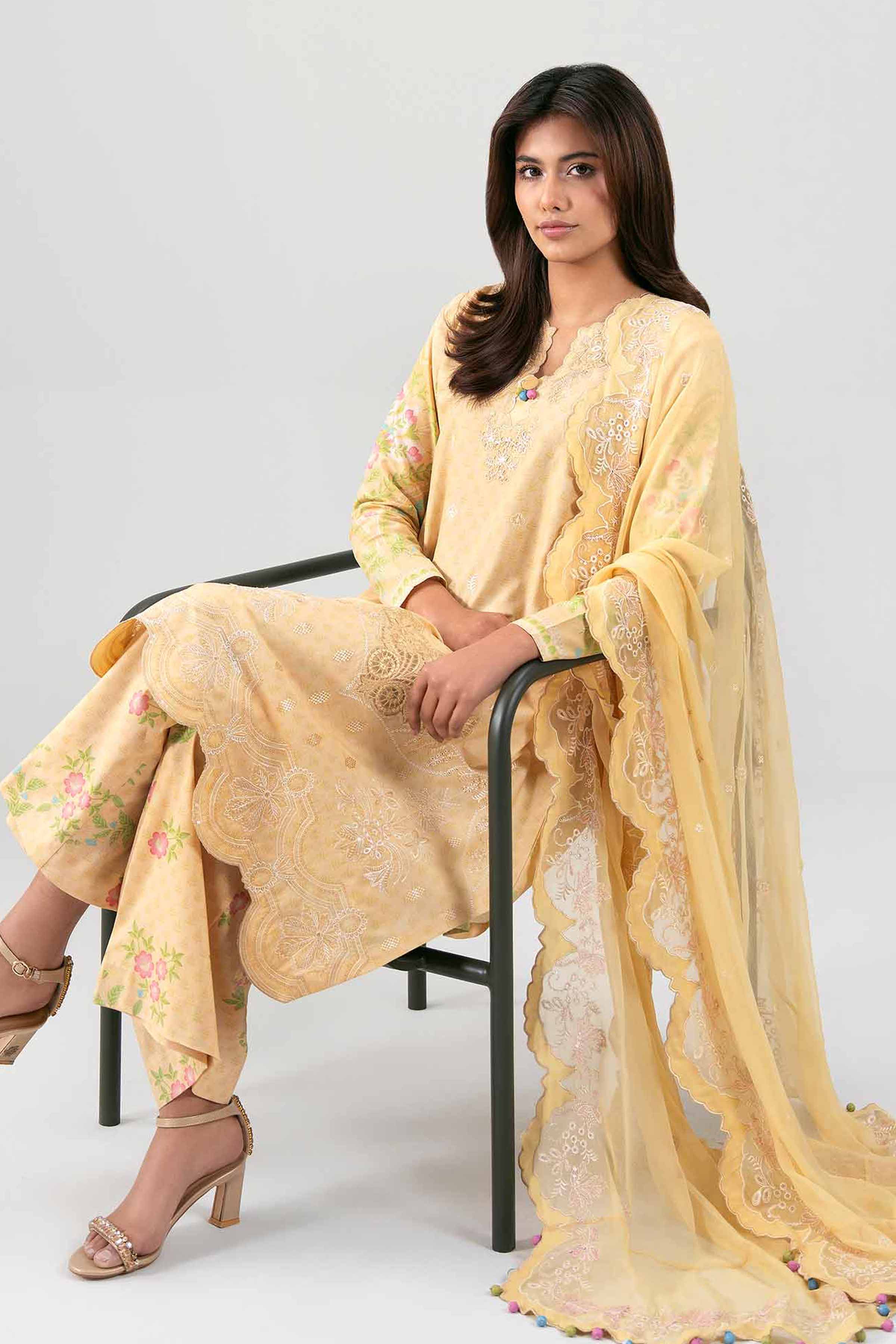3 Piece - Digital Printed Embroidered Suit - 42601388 Yellow Lawn 3PC Embroidered