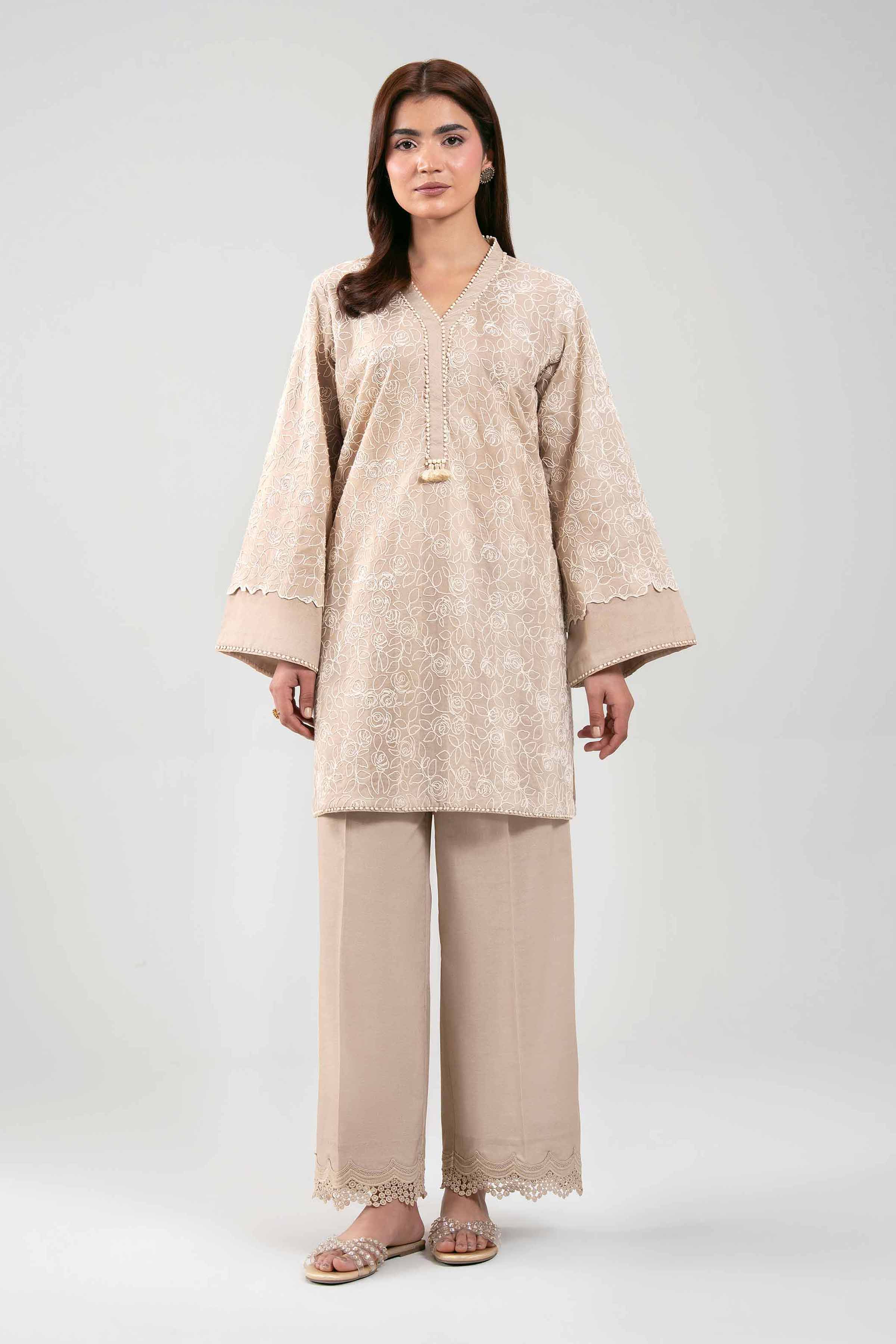 2 Piece - Embroidered Suit - 42601389 Beige Cotton 2PC Embroidered