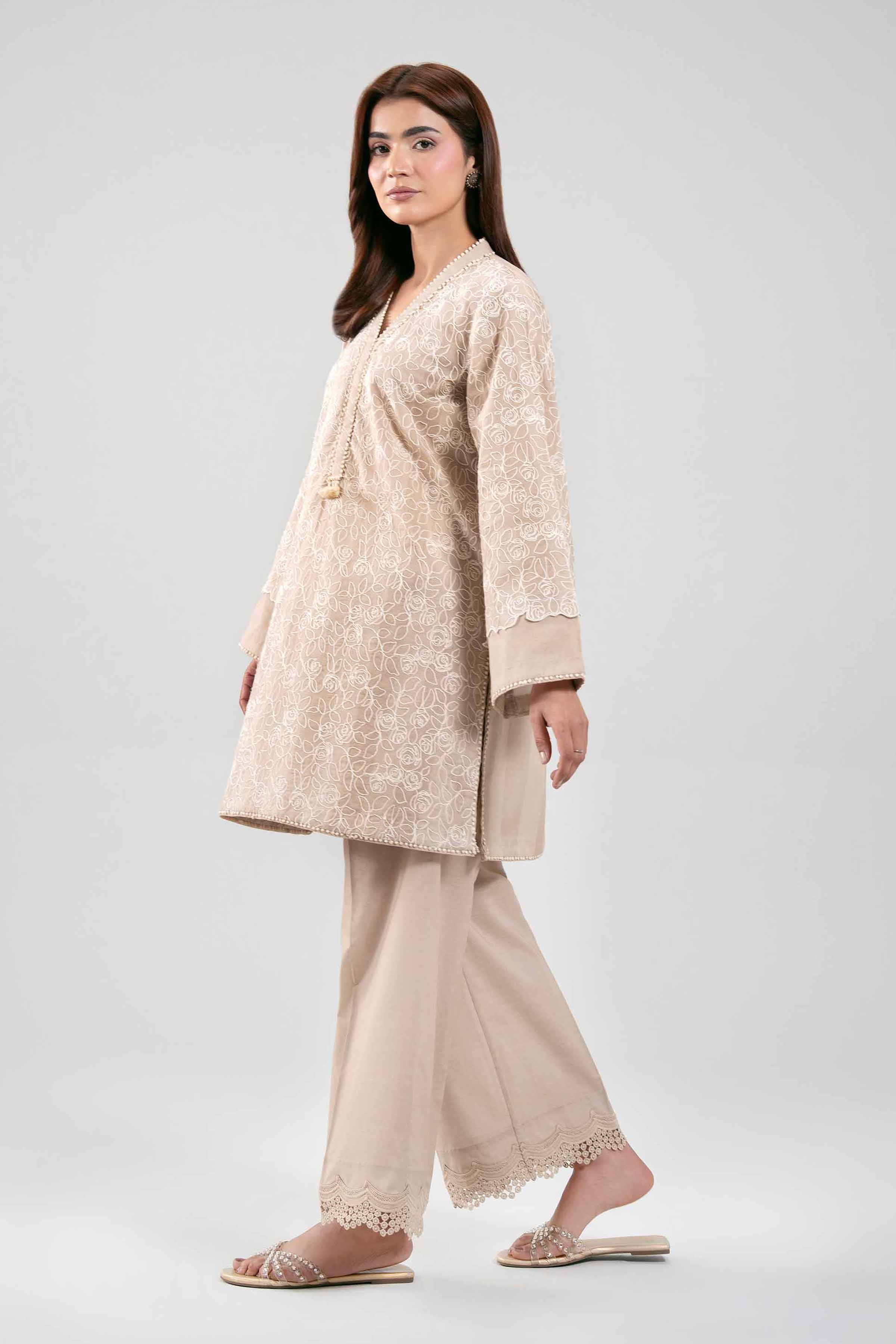 2 Piece - Embroidered Suit - 42601389 Beige Cotton 2PC Embroidered
