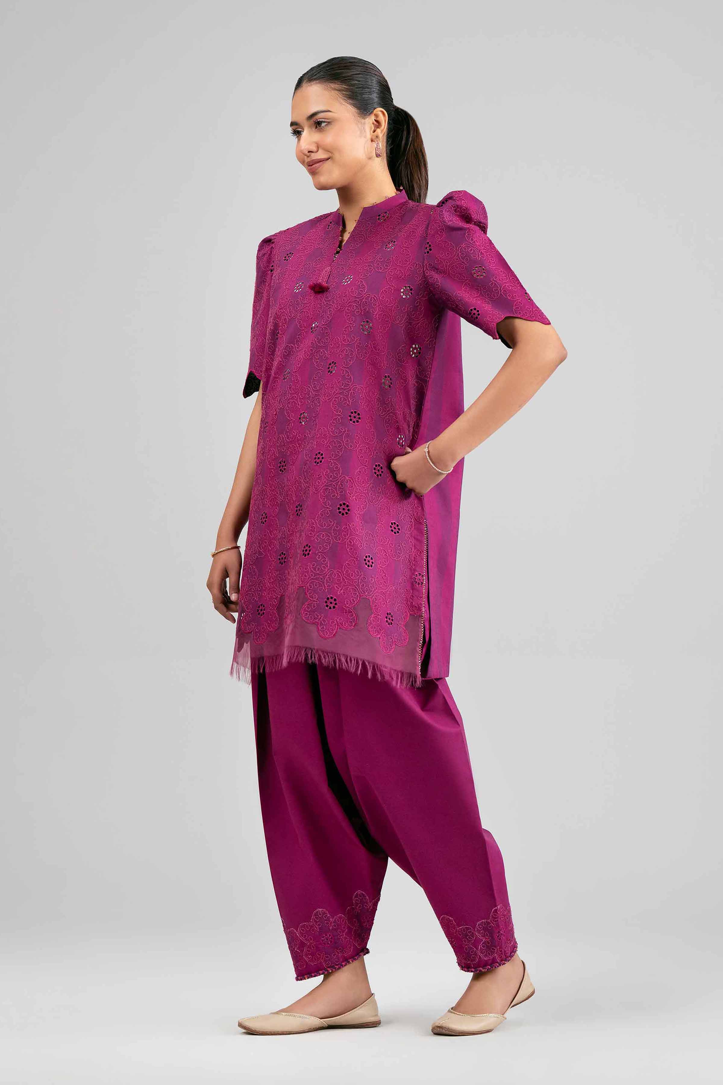 2 Piece - Embroidered Suit - 42601393 Purple Cotton 2PC Embroidered