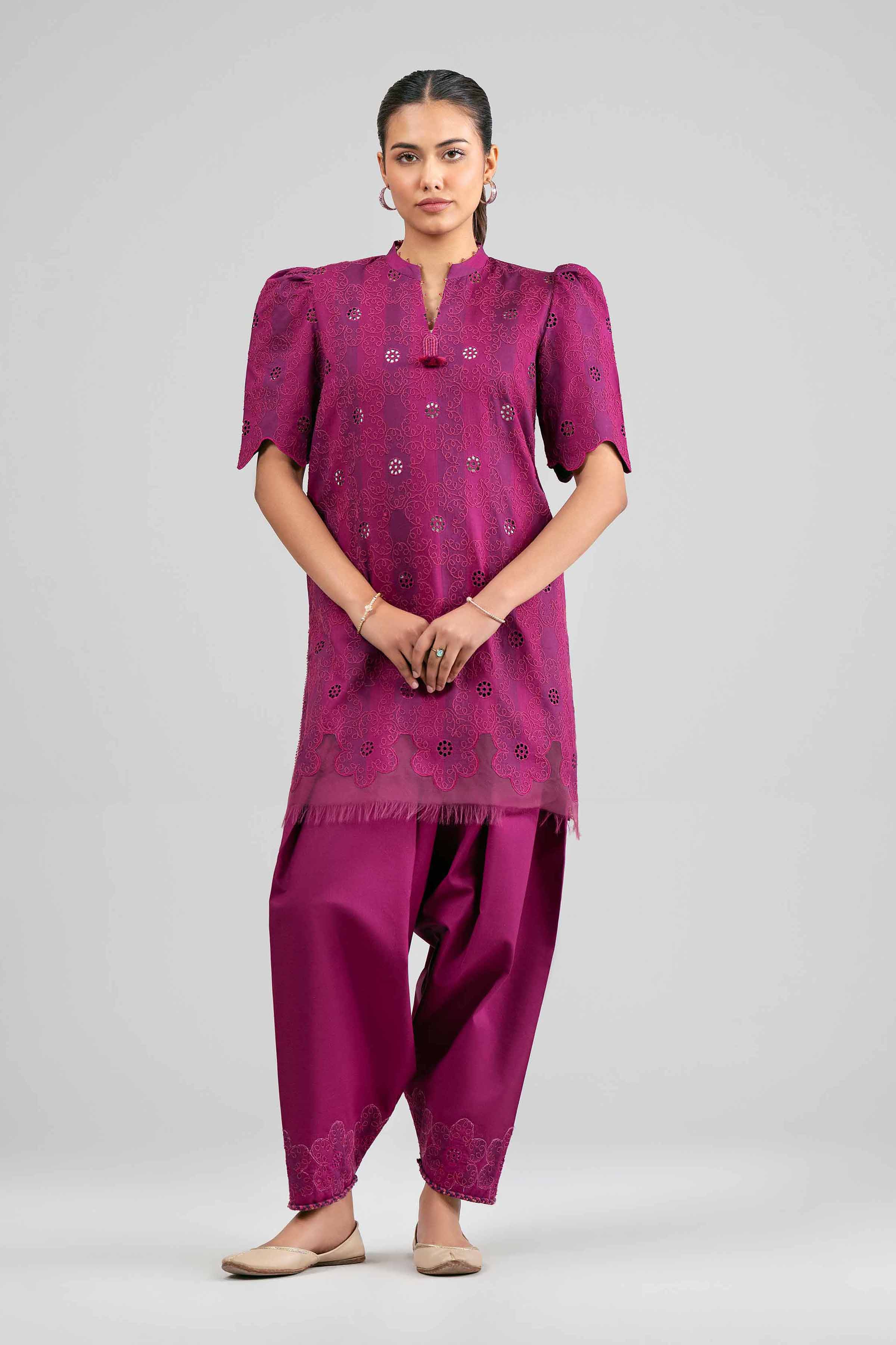 2 Piece - Embroidered Suit - 42601393 Purple Cotton 2PC Embroidered