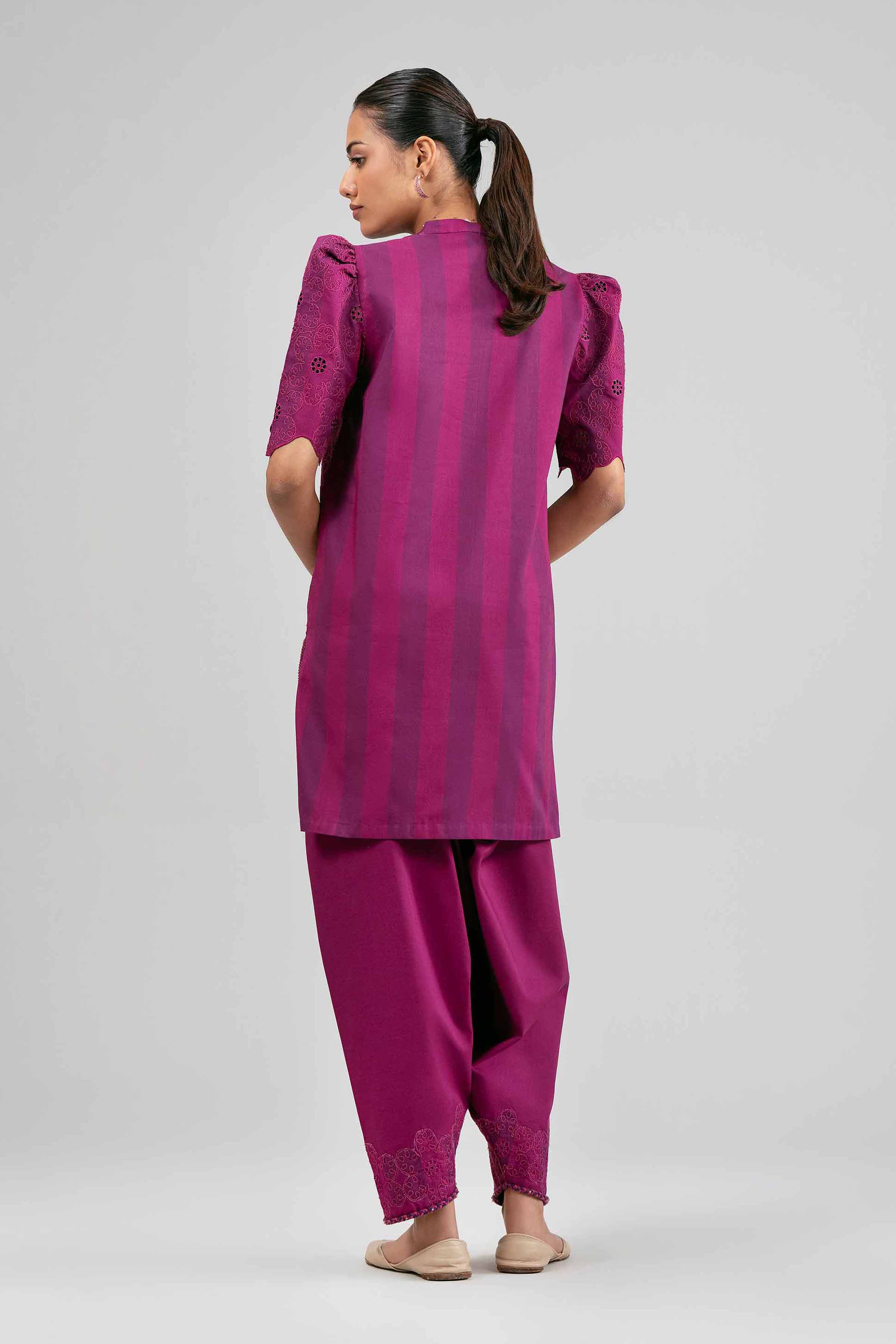 2 Piece - Embroidered Suit - 42601393 Purple Cotton 2PC Embroidered