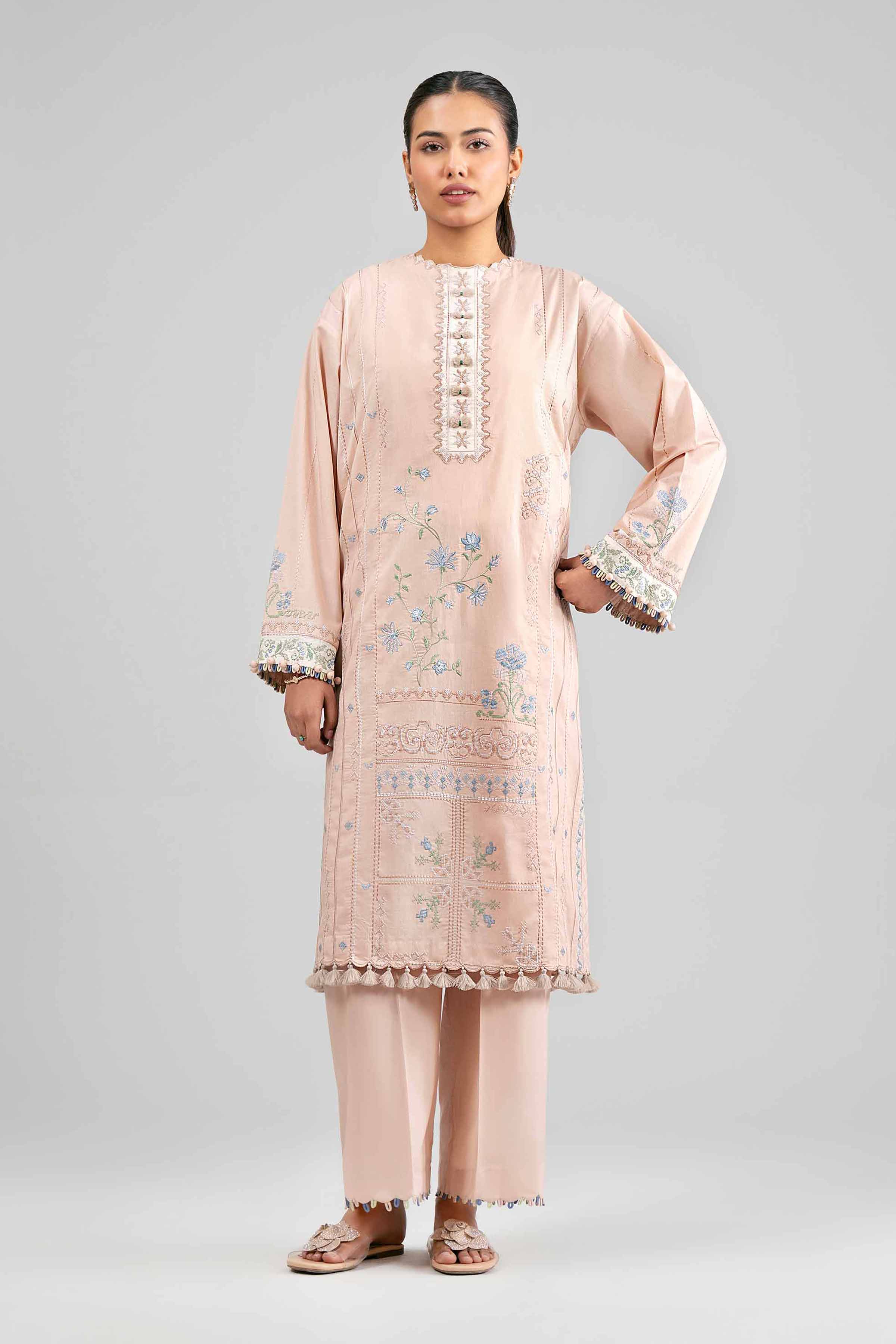 2 Piece - Embroidered Suit - 42601425 Peach Lawn 2PC Embroidered Summer