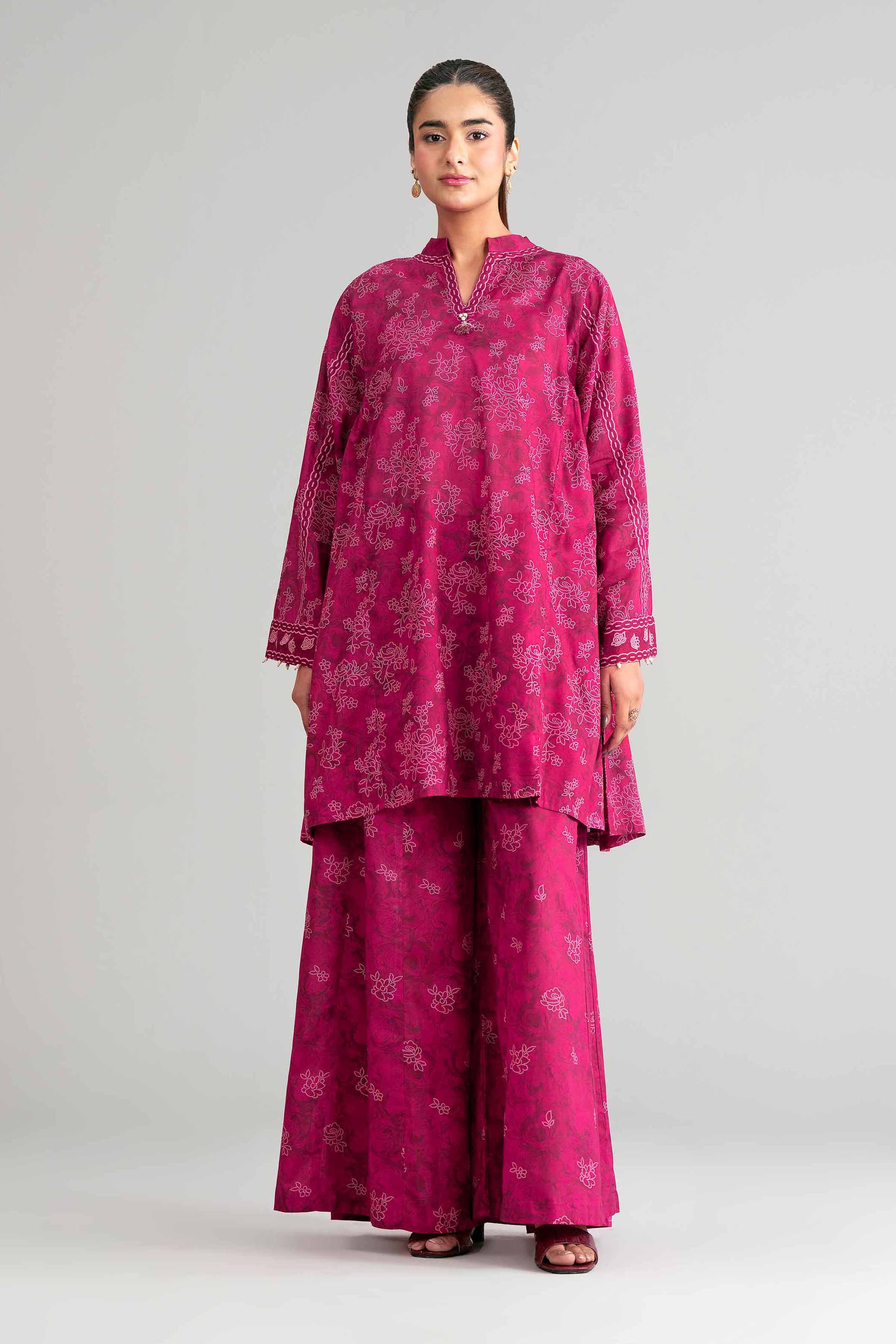 2 Piece - Printed Suit - 42601438 Maroon Lawn 2PC Printed Summer