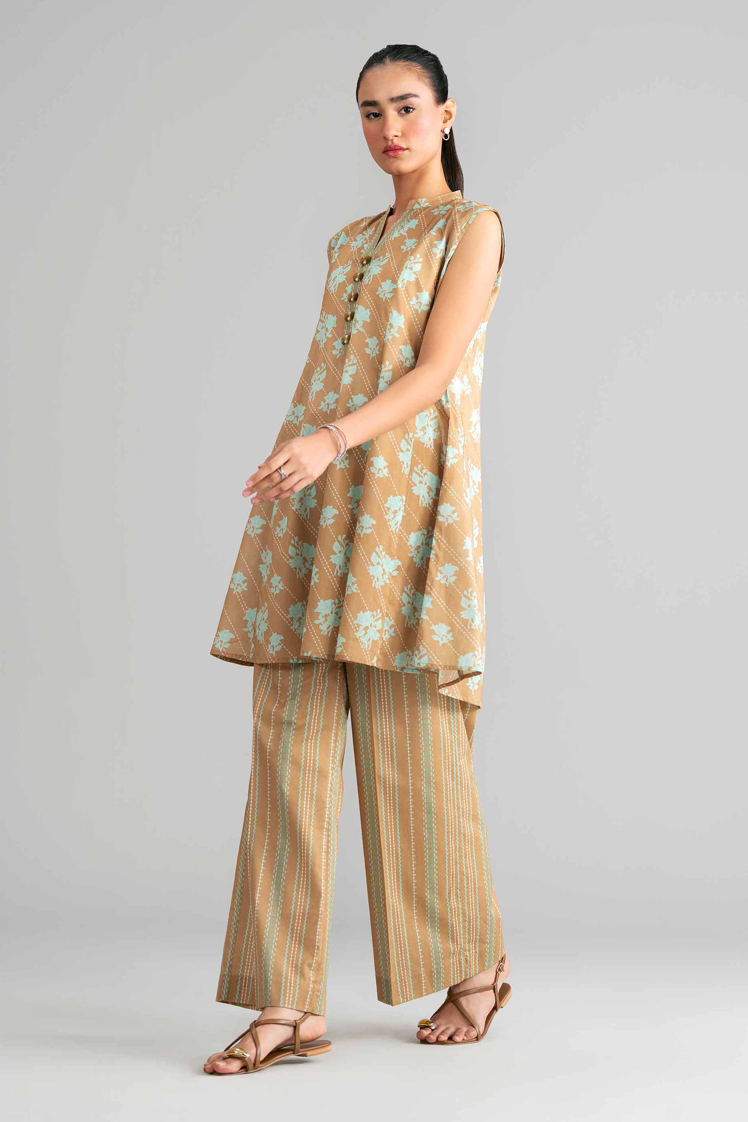 2 Piece - Printed Suit - 42601439 Brown Lawn 2PC Printed Summer