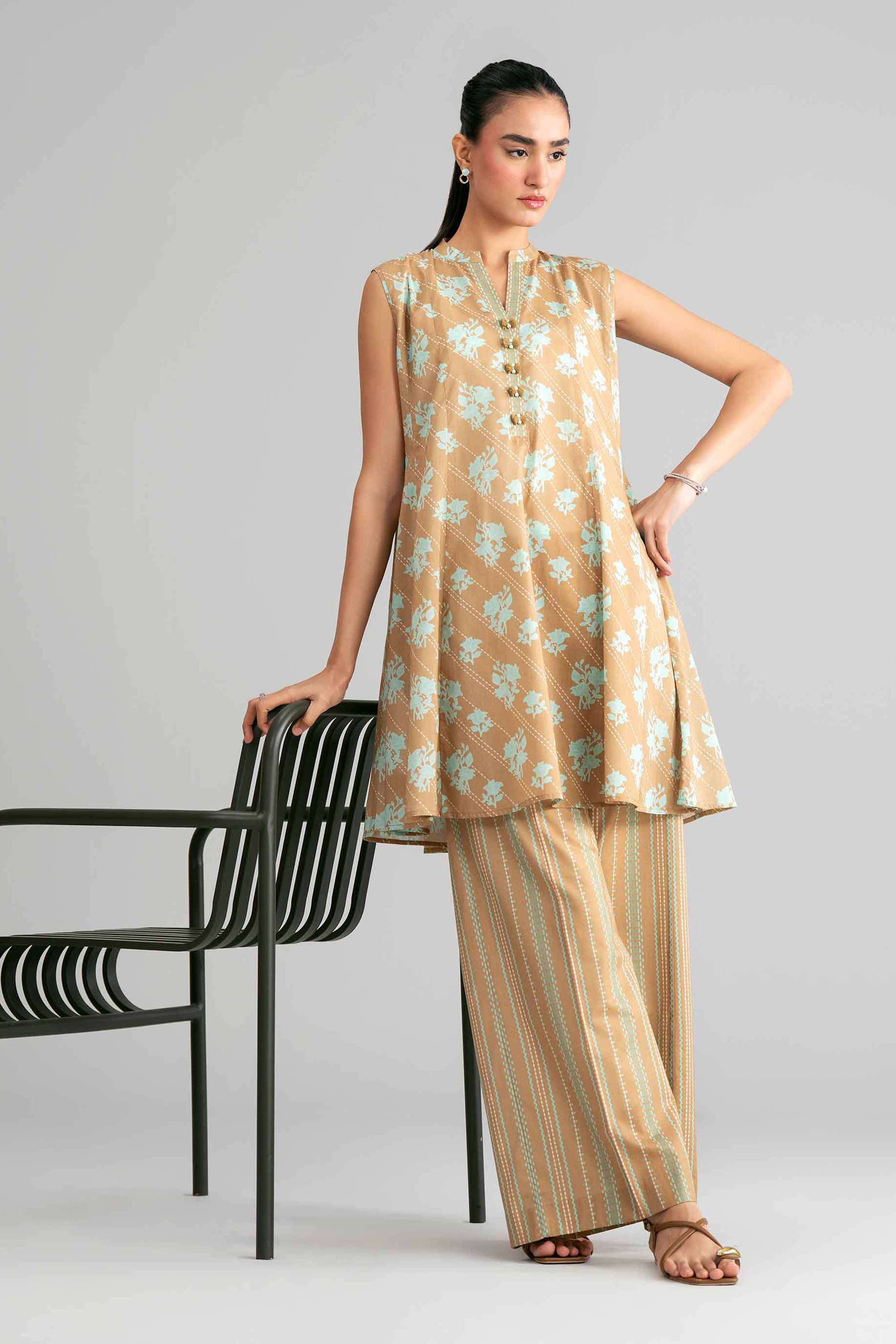 2 Piece - Printed Suit - 42601439 Brown Lawn 2PC Printed Summer