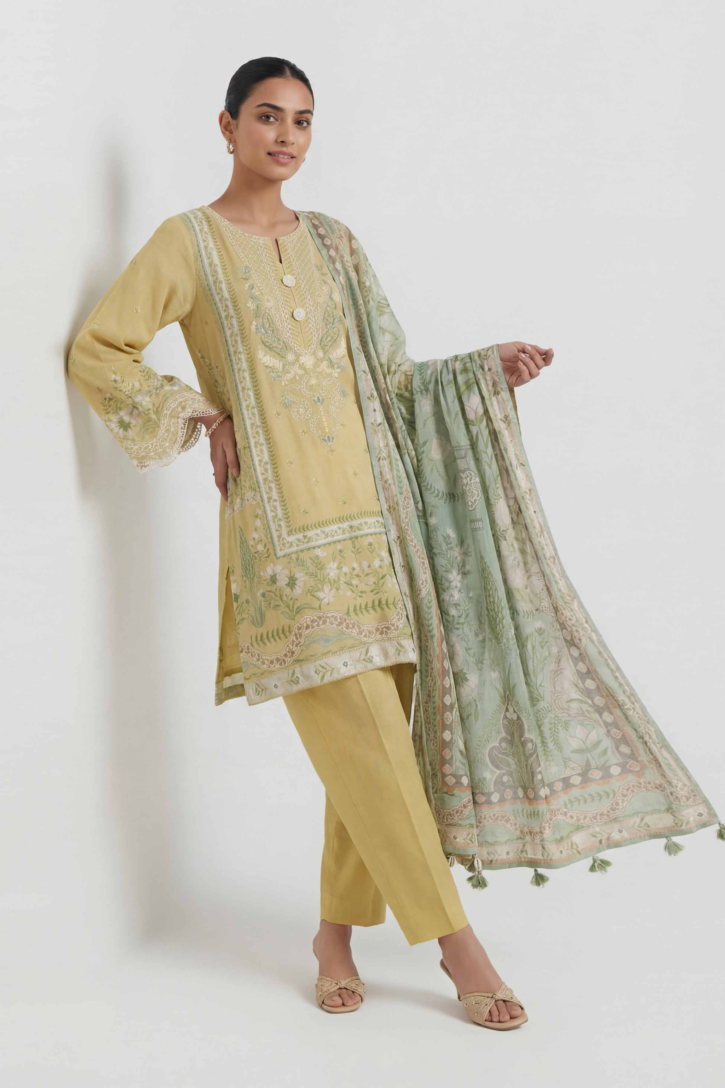 3 Piece - Digital Printed Embroidered Suit - 42601454 Yellow Lawn 3PC Embroidered Summer