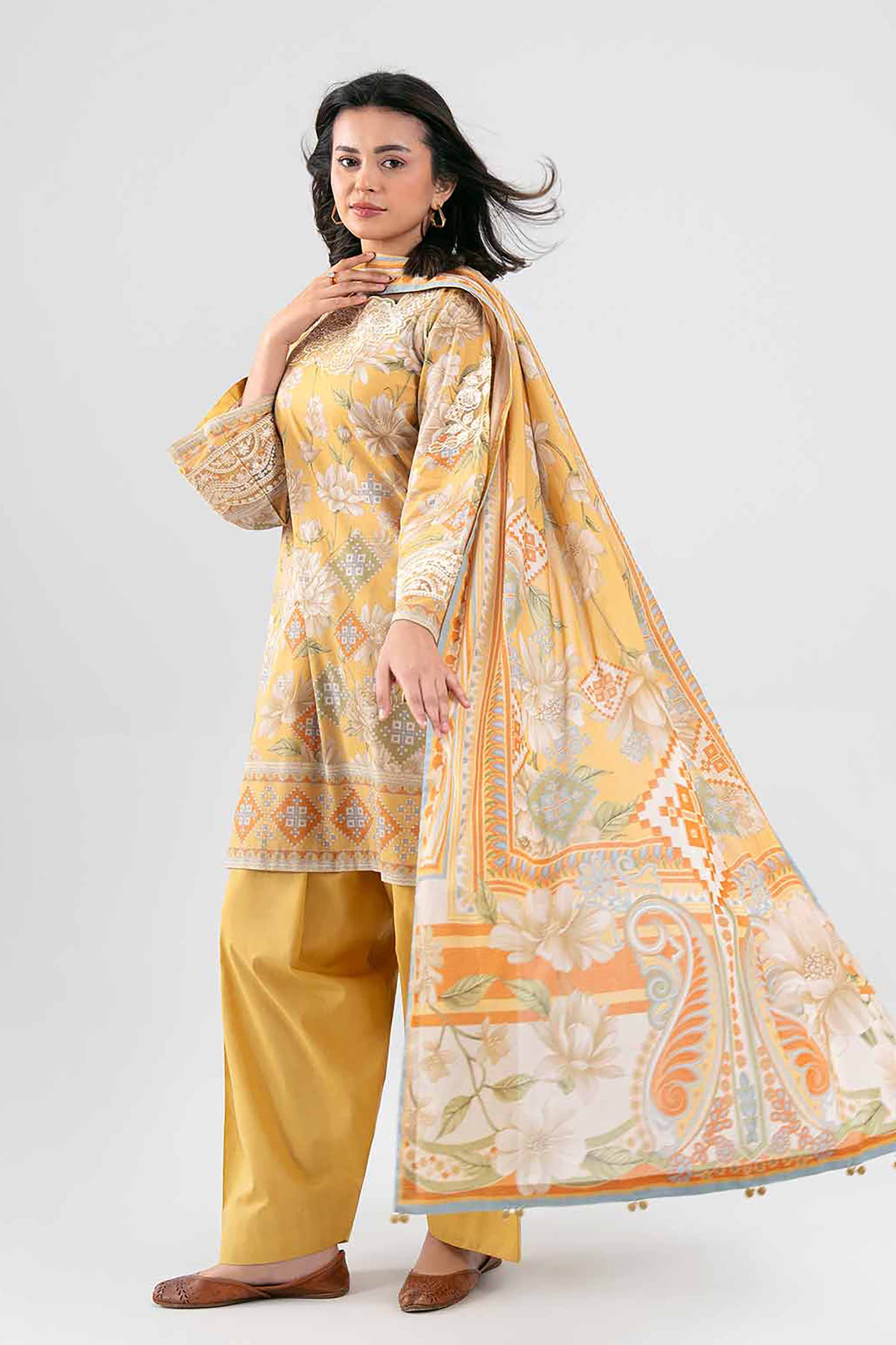 3 Piece - Digital Printed Embroidered Suit - 42601456 Yellow Lawn 3PC Embroidered Summer