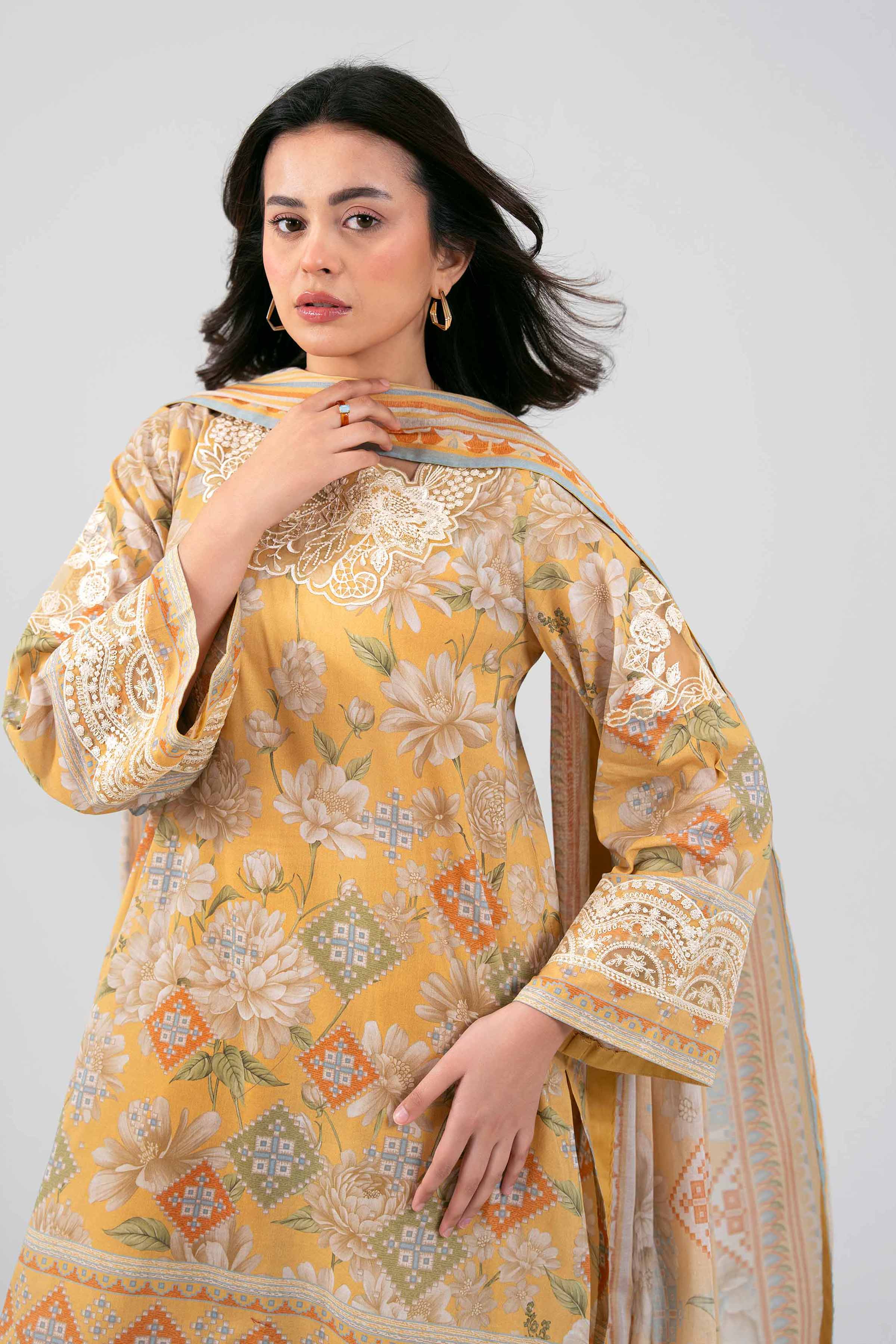 3 Piece - Digital Printed Embroidered Suit - 42601456 Yellow Lawn 3PC Embroidered Summer