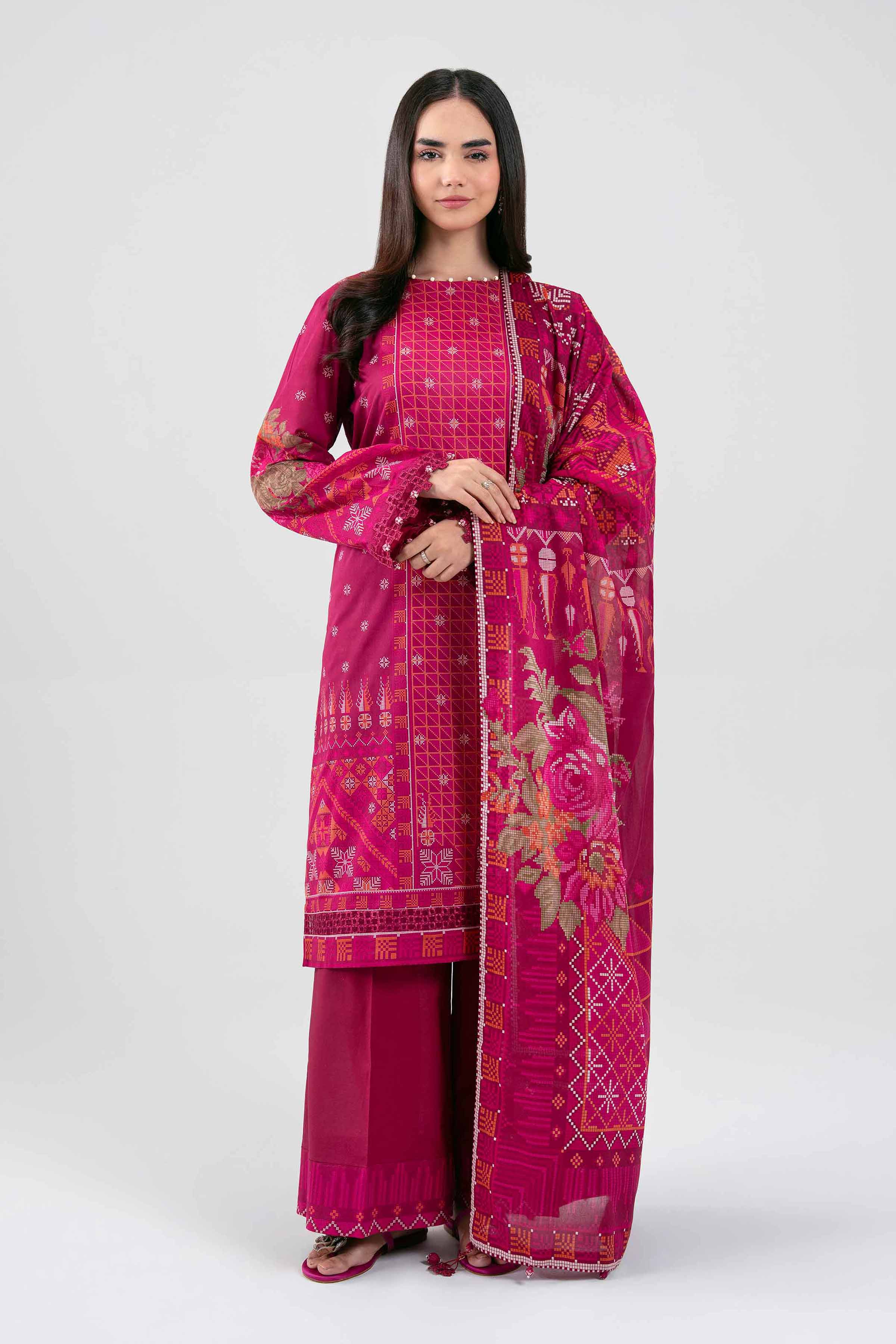 3 Piece - Digital Printed Embroidered Suit - 42601457 Maroon Lawn 3PC Embroidered Summer
