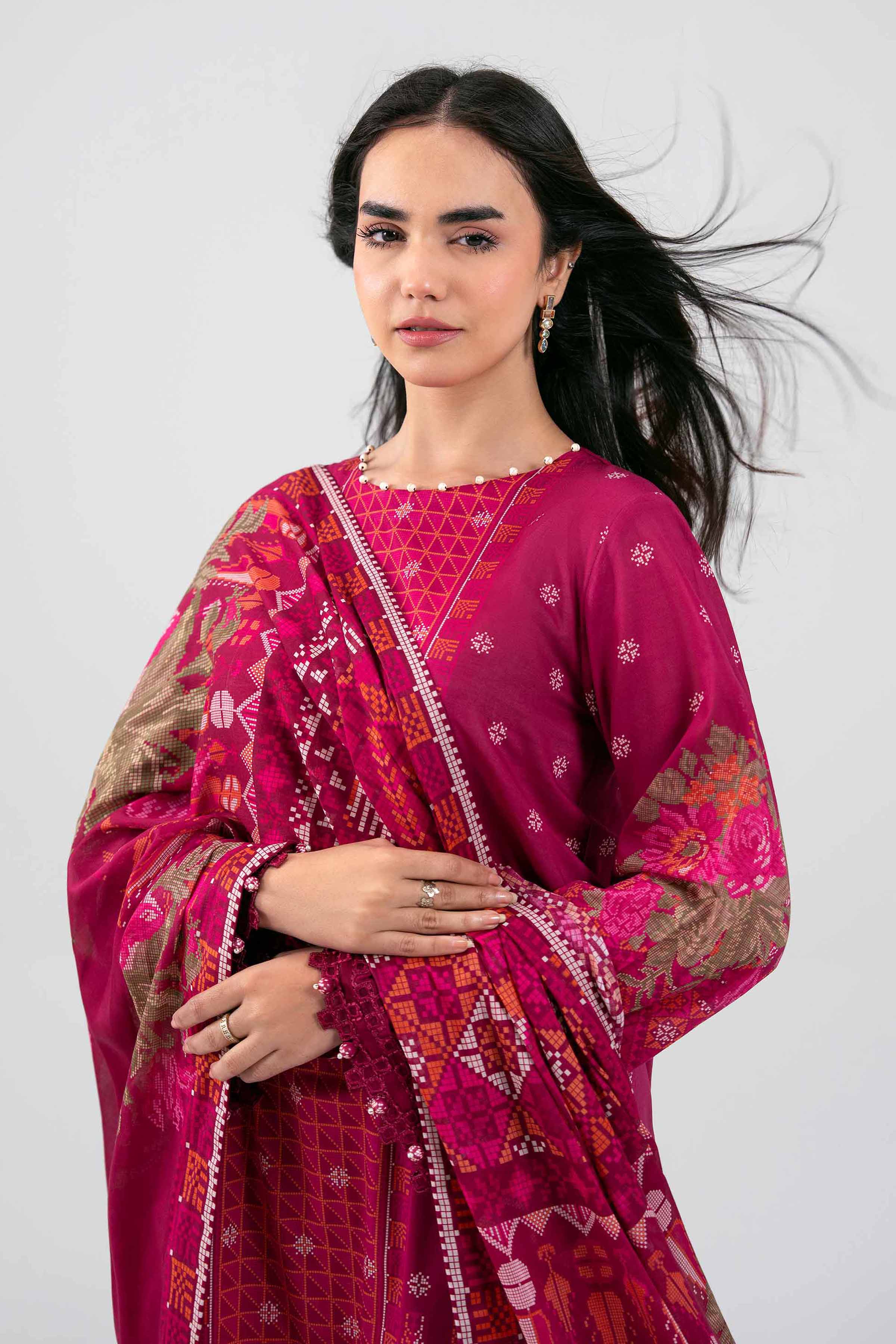 3 Piece - Digital Printed Embroidered Suit - 42601457 Maroon Lawn 3PC Embroidered Summer