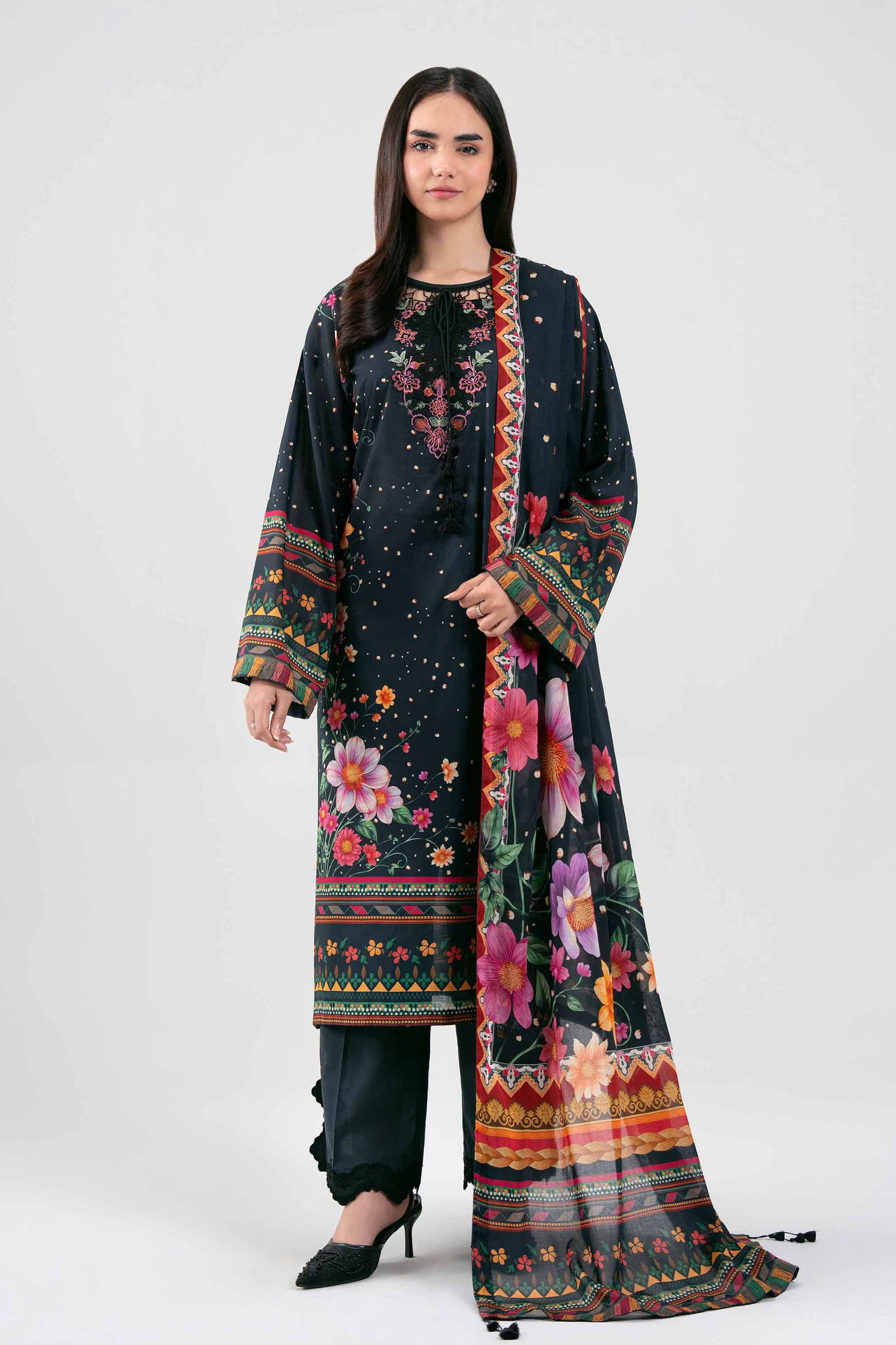 3 Piece - Digital Printed Embroidered Suit - 42601458 Black Lawn 3PC Embroidered Summer