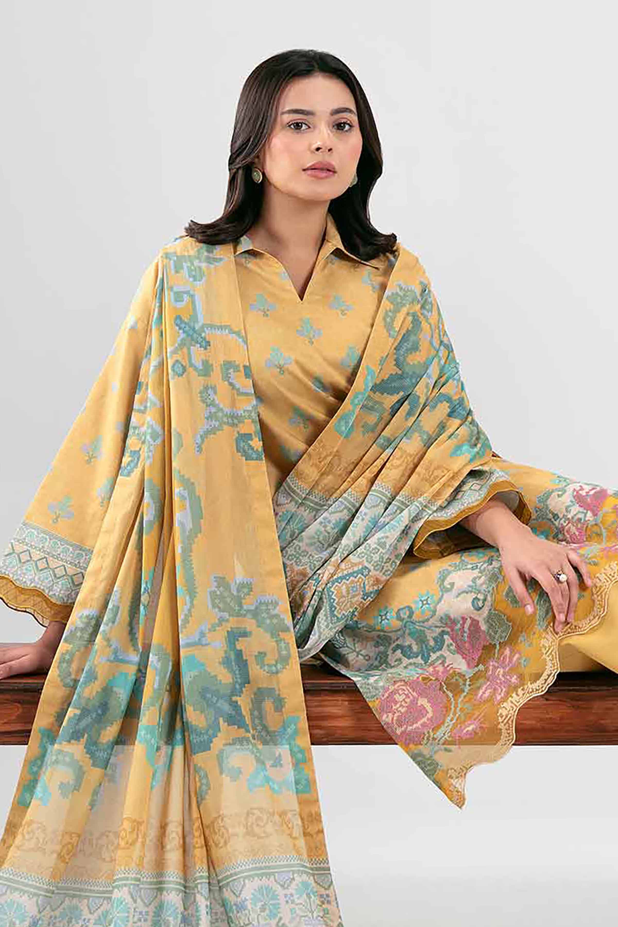 3 Piece - Digital Printed Embroidered Suit - 42601459 Yellow Lawn 3PC Embroidered Summer