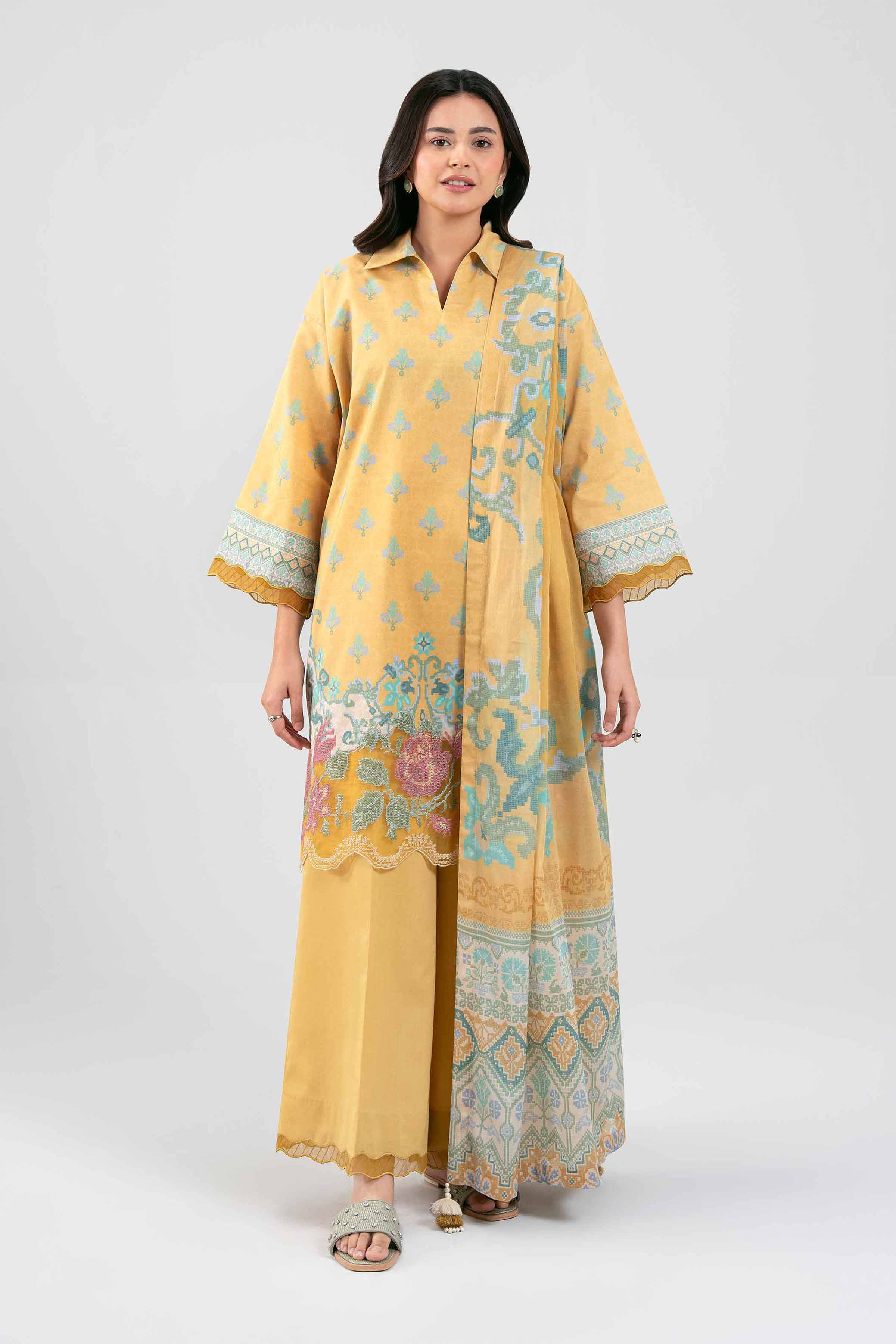 3 Piece - Digital Printed Embroidered Suit - 42601459 Yellow Lawn 3PC Embroidered Summer