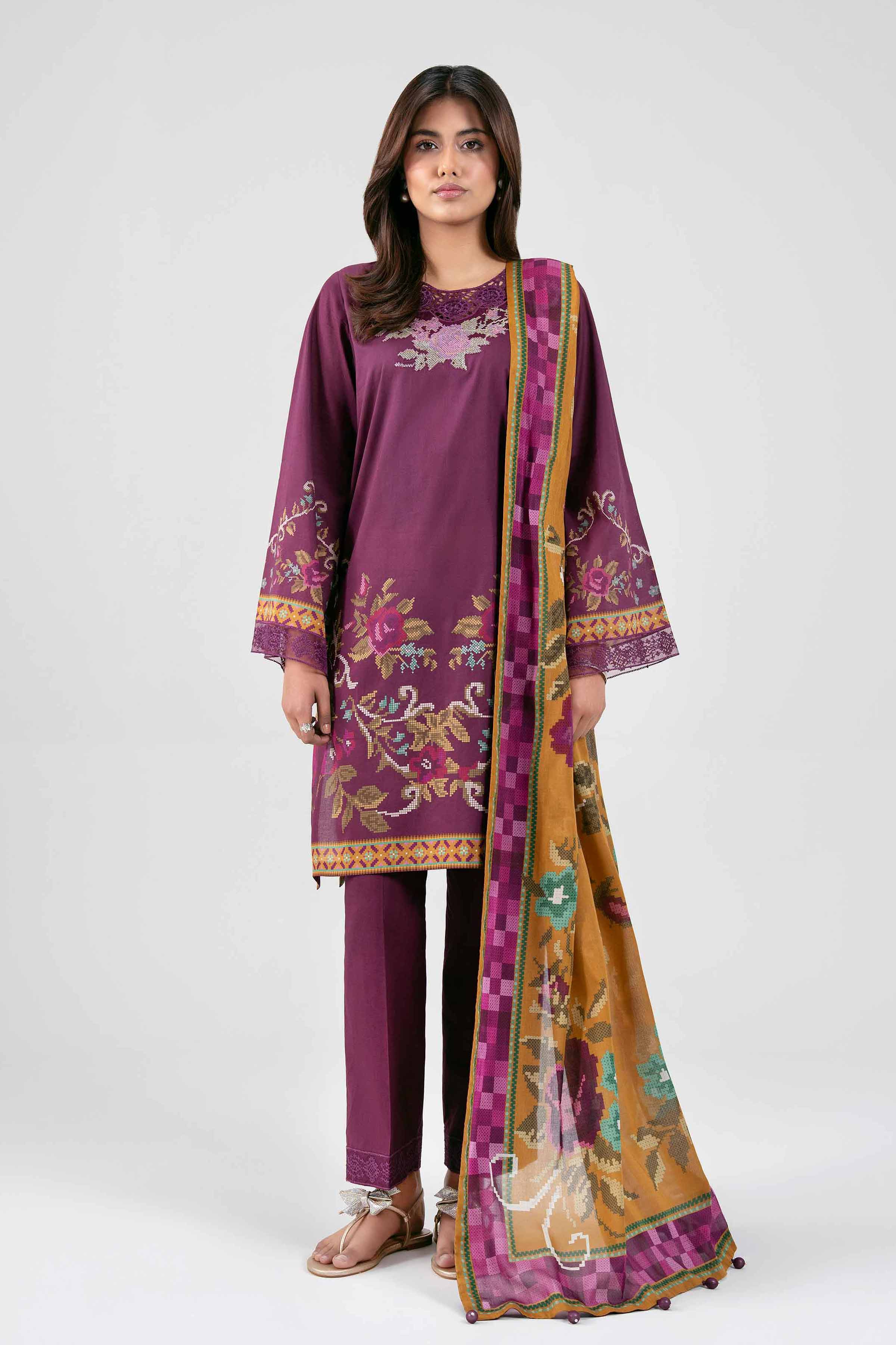 3 Piece - Digital Printed Embroidered Suit - 42601462 Maroon Lawn 3PC Embroidered Summer