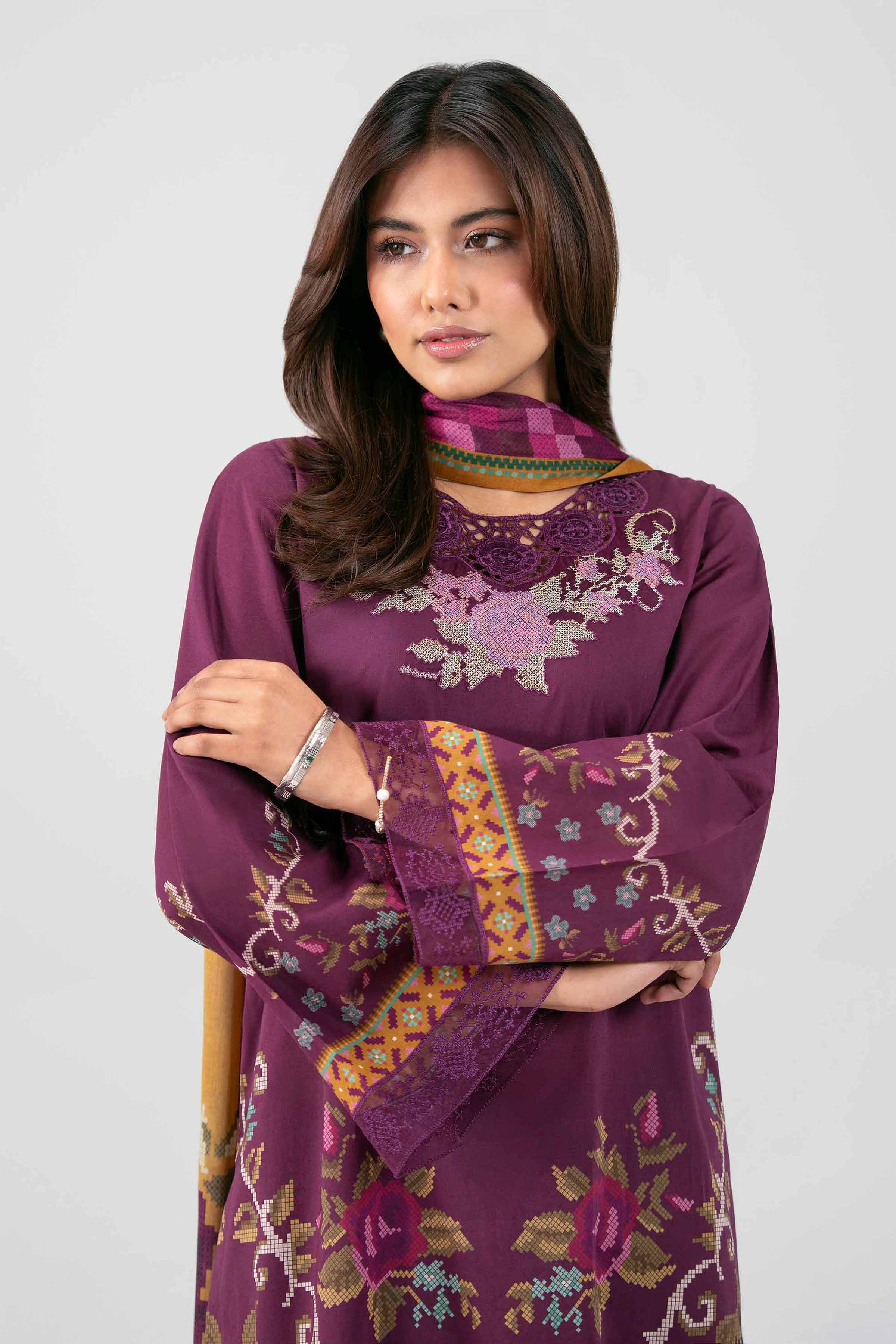 3 Piece - Digital Printed Embroidered Suit - 42601462 Maroon Lawn 3PC Embroidered Summer